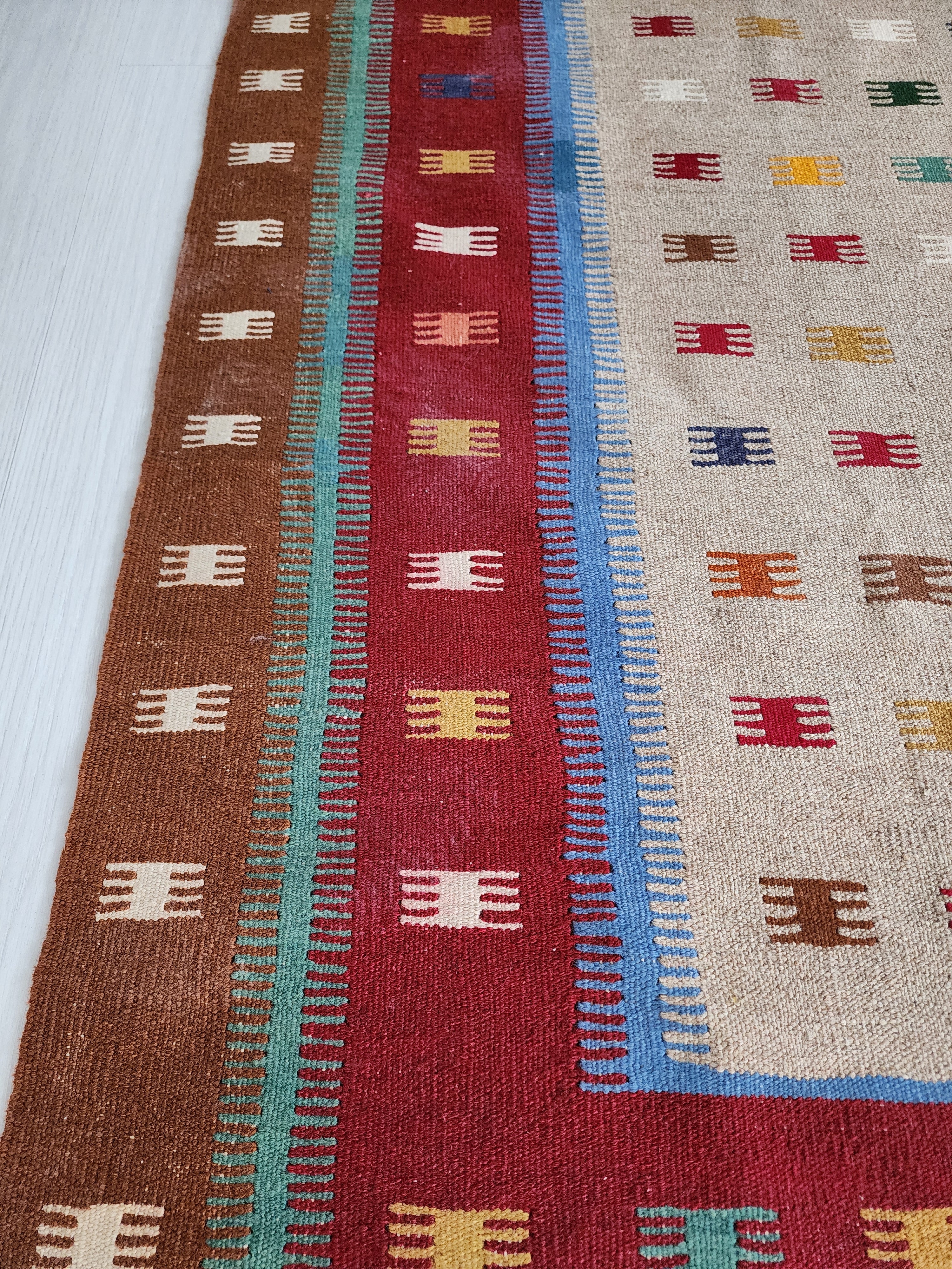 Konya Turkey Colorful Kilim Rug Boho Deco Rug, Traditional Tribal Nomadic Design Rustic Rug, Bohemian Decor Handspun Wool 5'1''x6'6''