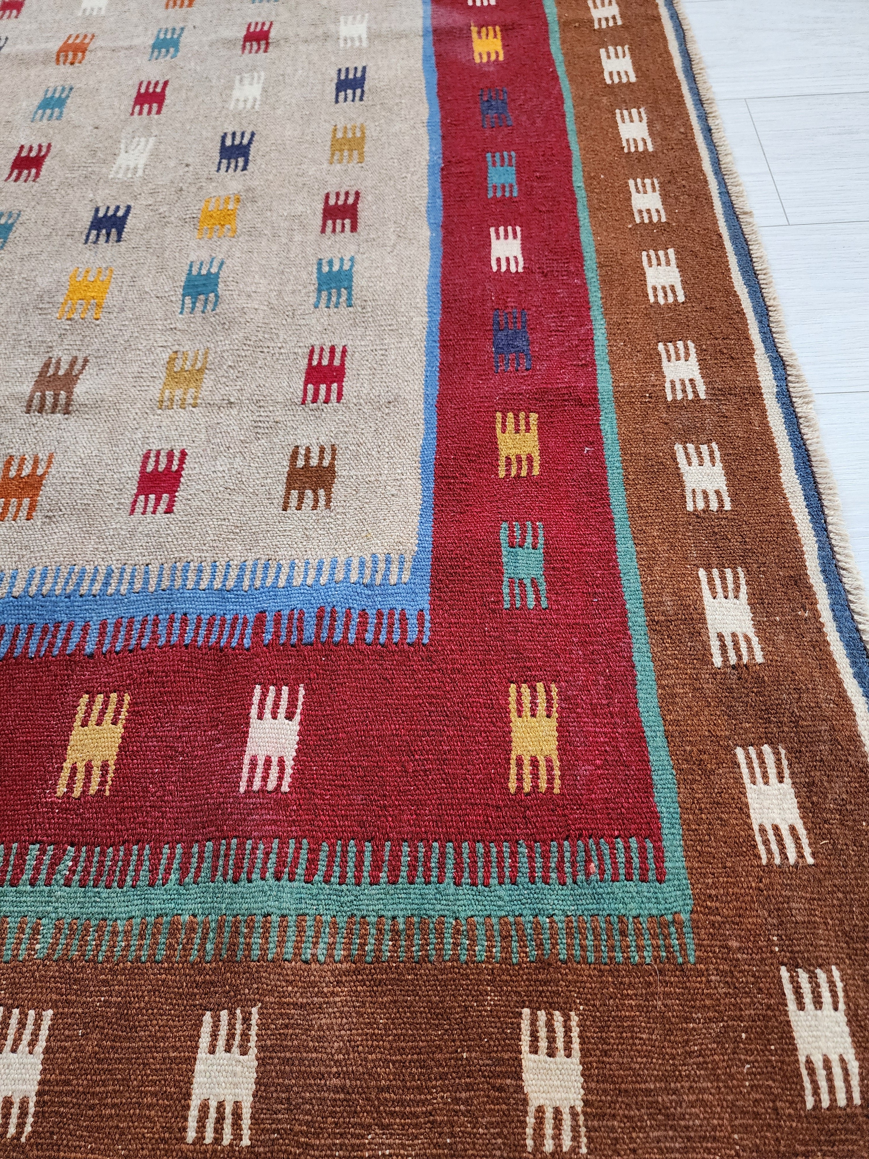 Konya Turkey Colorful Kilim Rug Boho Deco Rug, Traditional Tribal Nomadic Design Rustic Rug, Bohemian Decor Handspun Wool 5'1''x6'6''