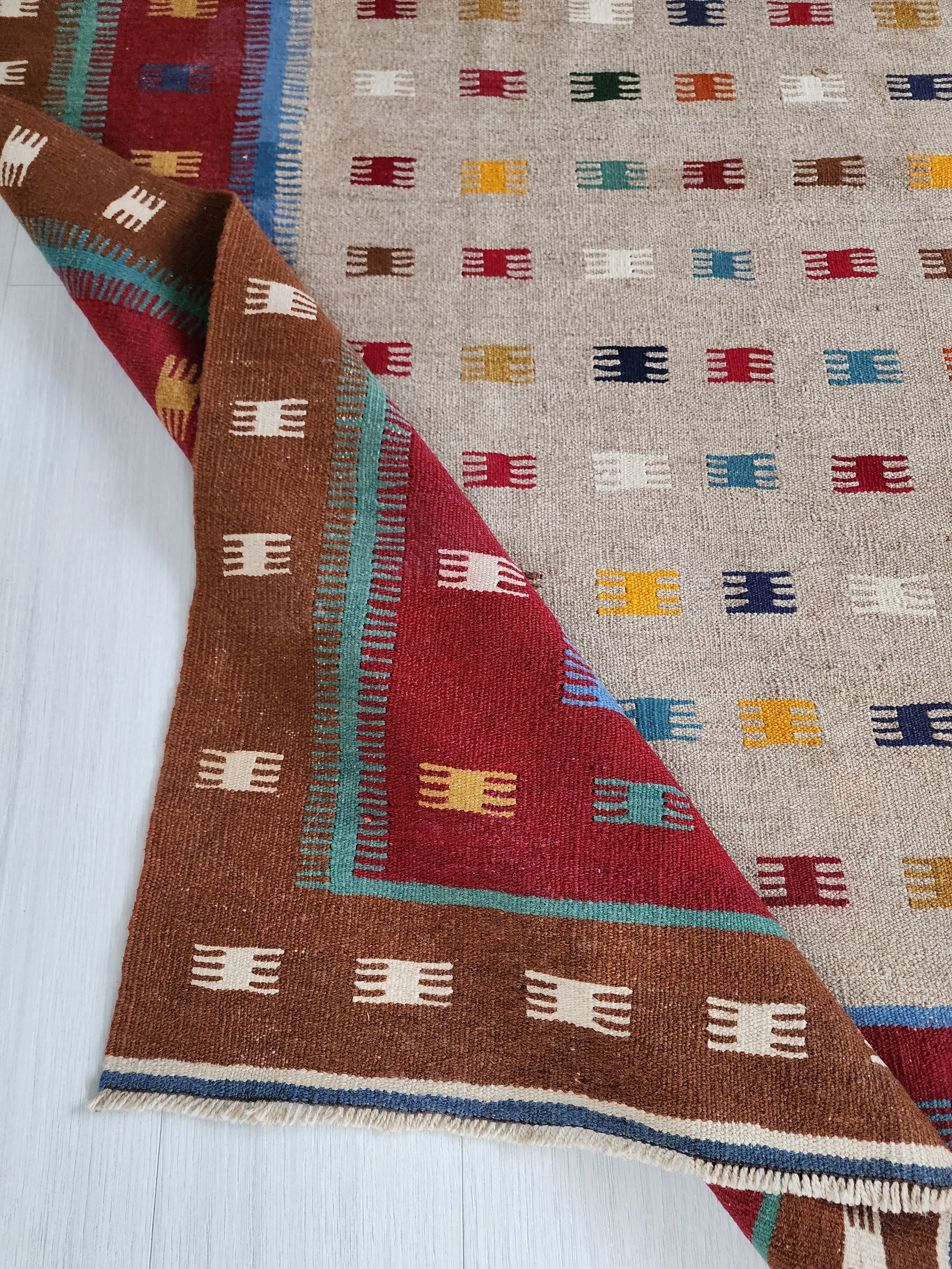 Konya Turkey Colorful Kilim Rug Boho Deco Rug, Traditional Tribal Nomadic Design Rustic Rug, Bohemian Decor Handspun Wool 5'1''x6'6''
