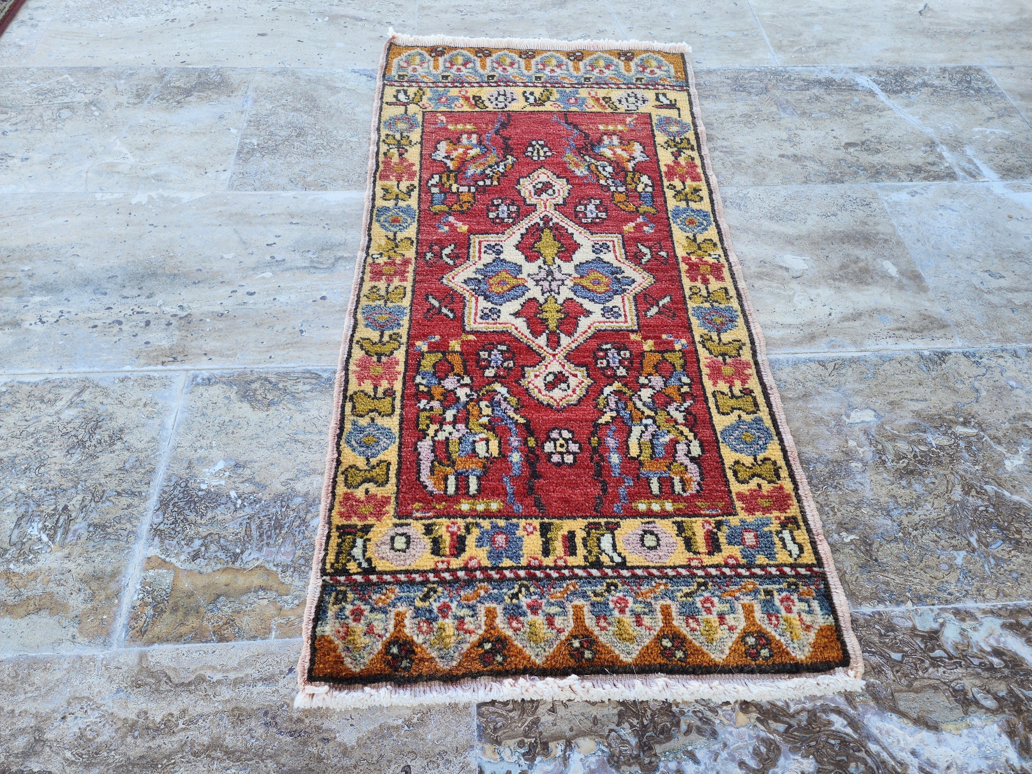 Small Turkish Rug, Distressed Door Mat, Overdyed Oushak Anatolian Carpet, Handmade Organic Wool Boho Rustic Decor Persian Area Rug 3'3"x1'7"