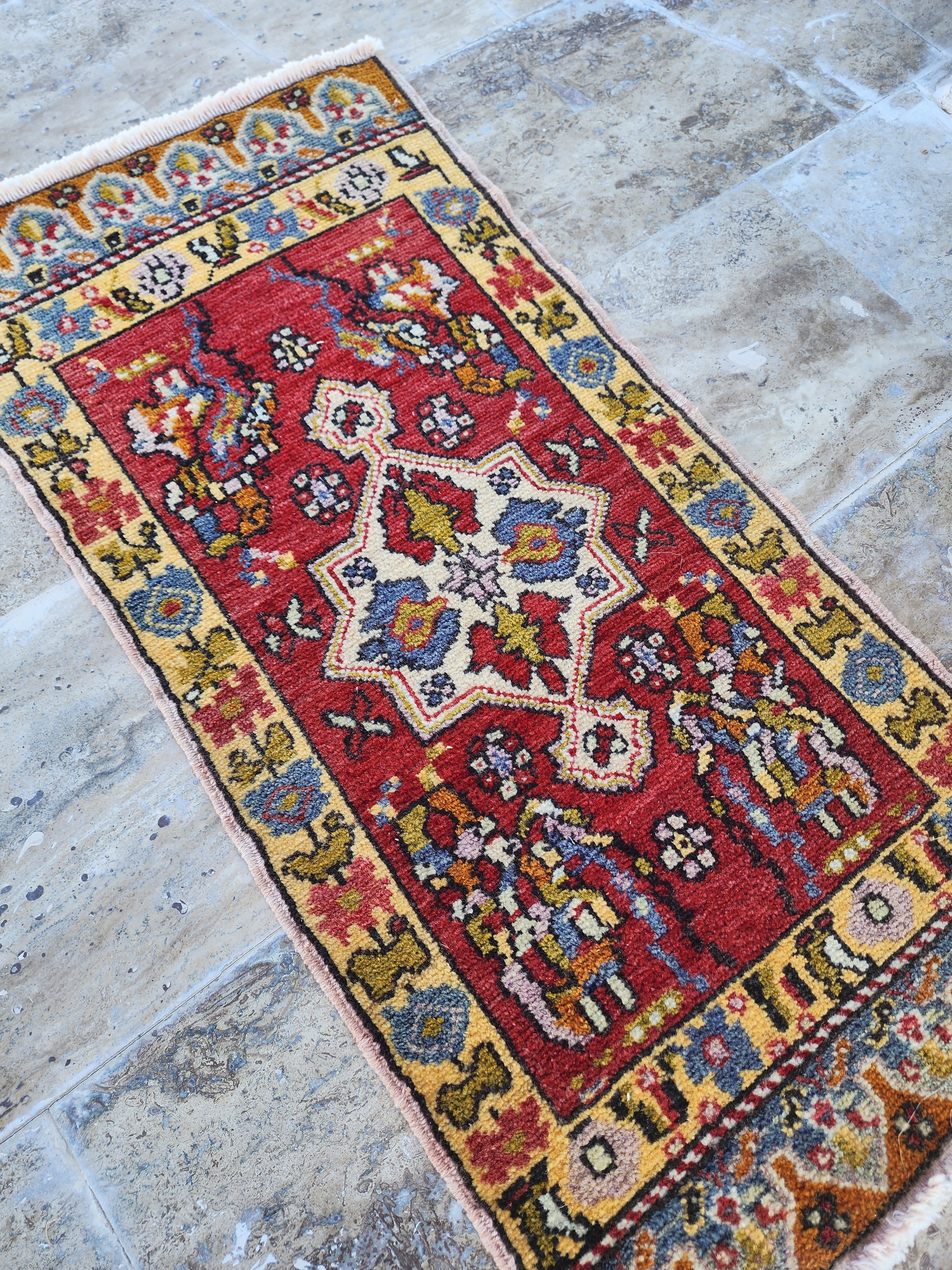 Small Turkish Rug, Distressed Door Mat, Overdyed Oushak Anatolian Carpet, Handmade Organic Wool Boho Rustic Decor Persian Area Rug 3'3"x1'7"