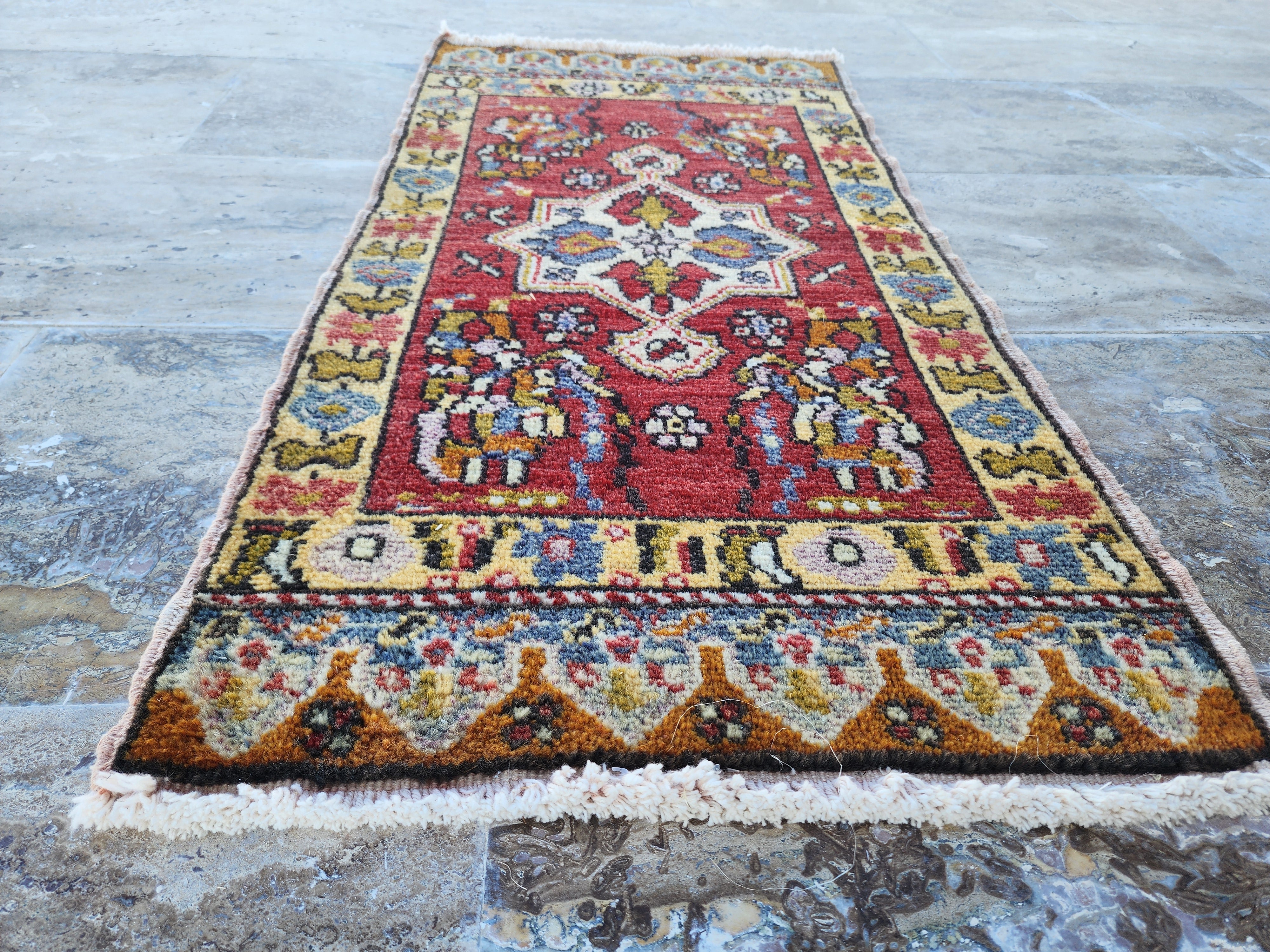 Small Turkish Rug, Distressed Door Mat, Overdyed Oushak Anatolian Carpet, Handmade Organic Wool Boho Rustic Decor Persian Area Rug 3'3"x1'7"