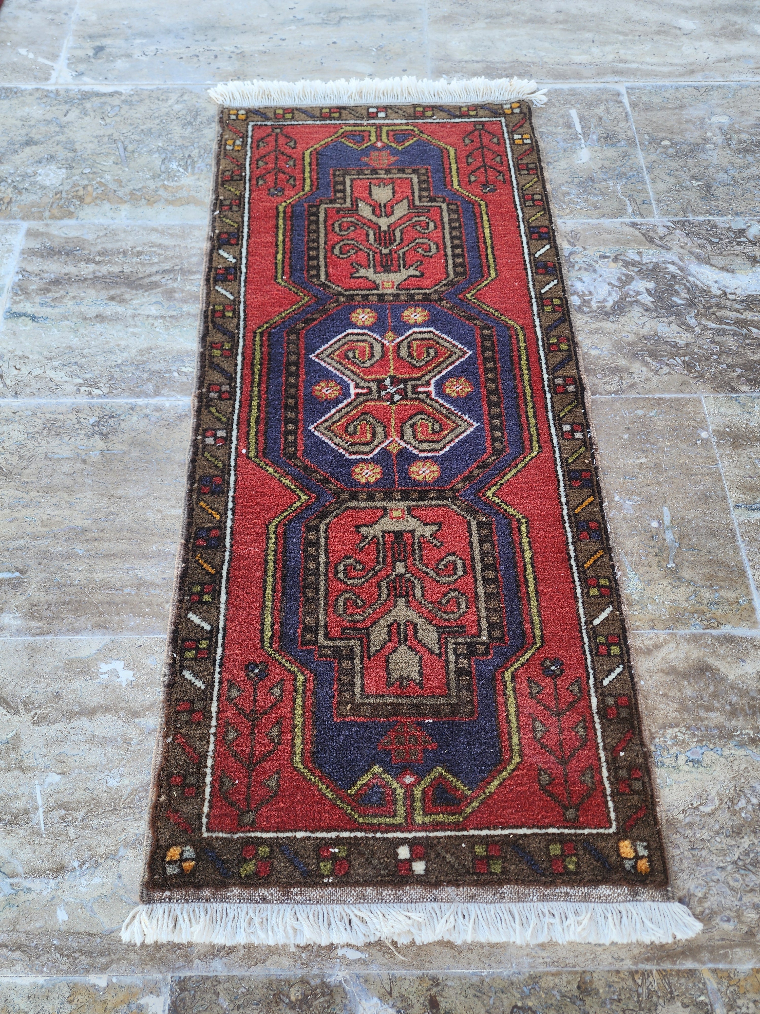 Small Turkish Rug, Distressed Door Mat, Overdyed Oushak Anatolian Carpet, Handmade Organic Wool Boho Rustic Decor Persian Area Rug 3'7"x1'8"