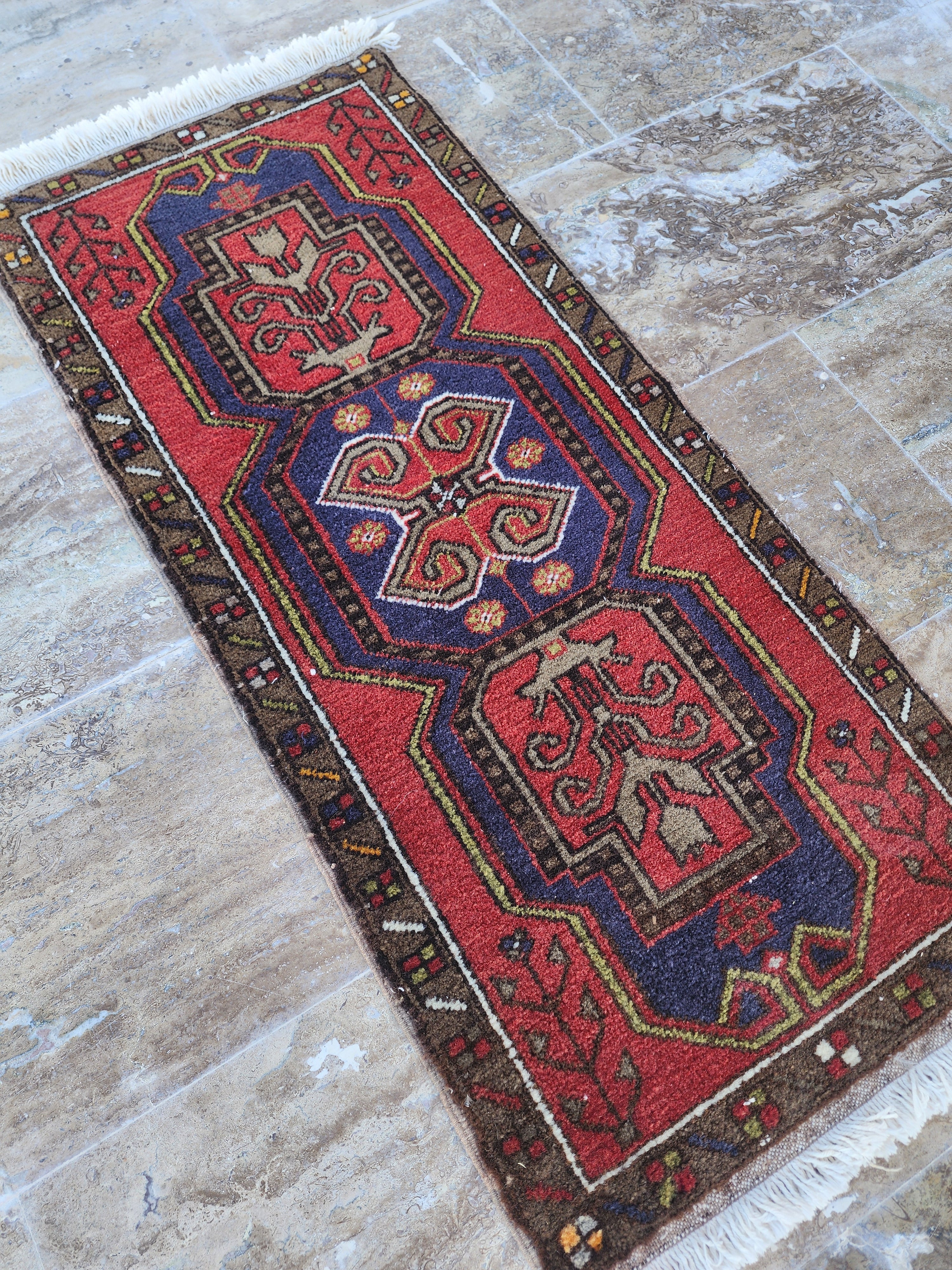 Small Turkish Rug, Distressed Door Mat, Overdyed Oushak Anatolian Carpet, Handmade Organic Wool Boho Rustic Decor Persian Area Rug 3'7"x1'8"