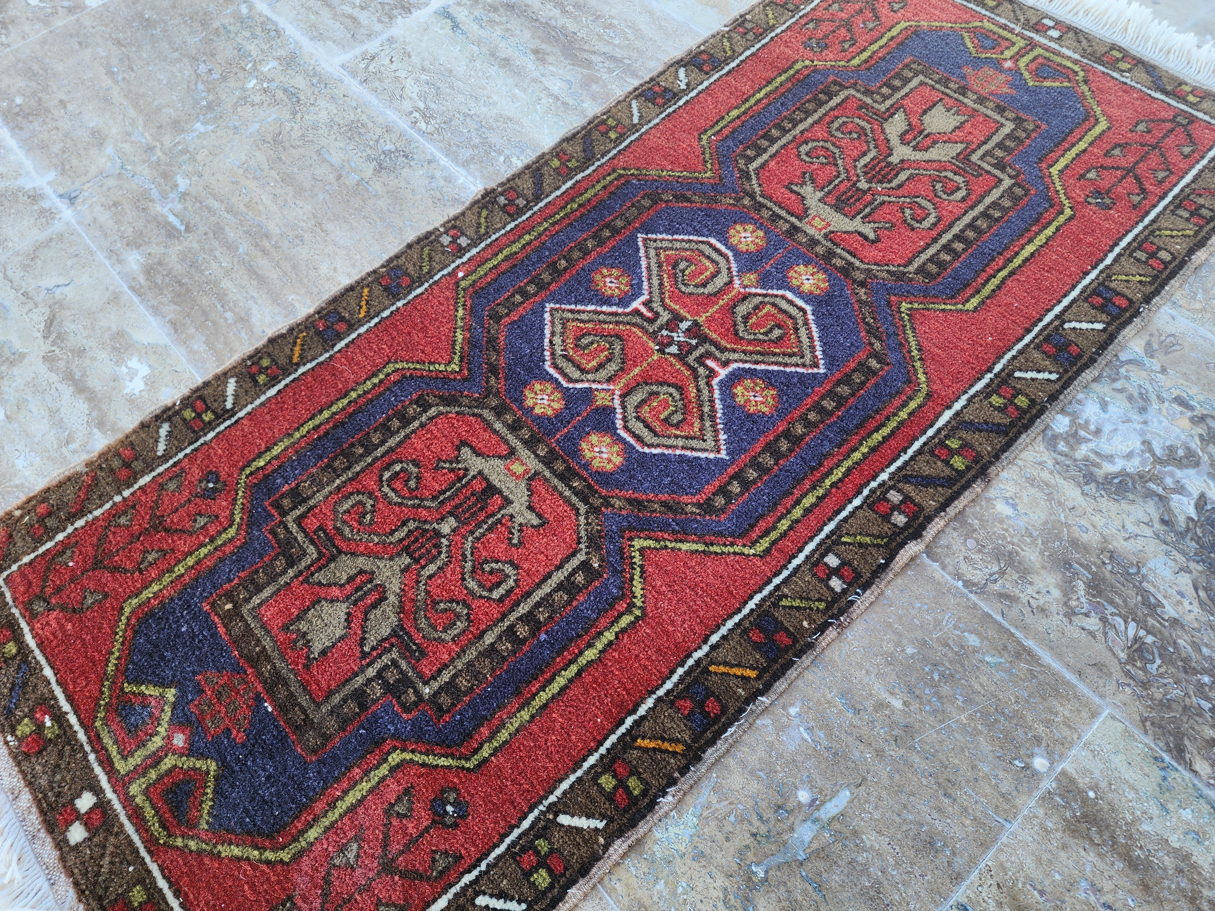 Small Turkish Rug, Distressed Door Mat, Overdyed Oushak Anatolian Carpet, Handmade Organic Wool Boho Rustic Decor Persian Area Rug 3'7"x1'8"