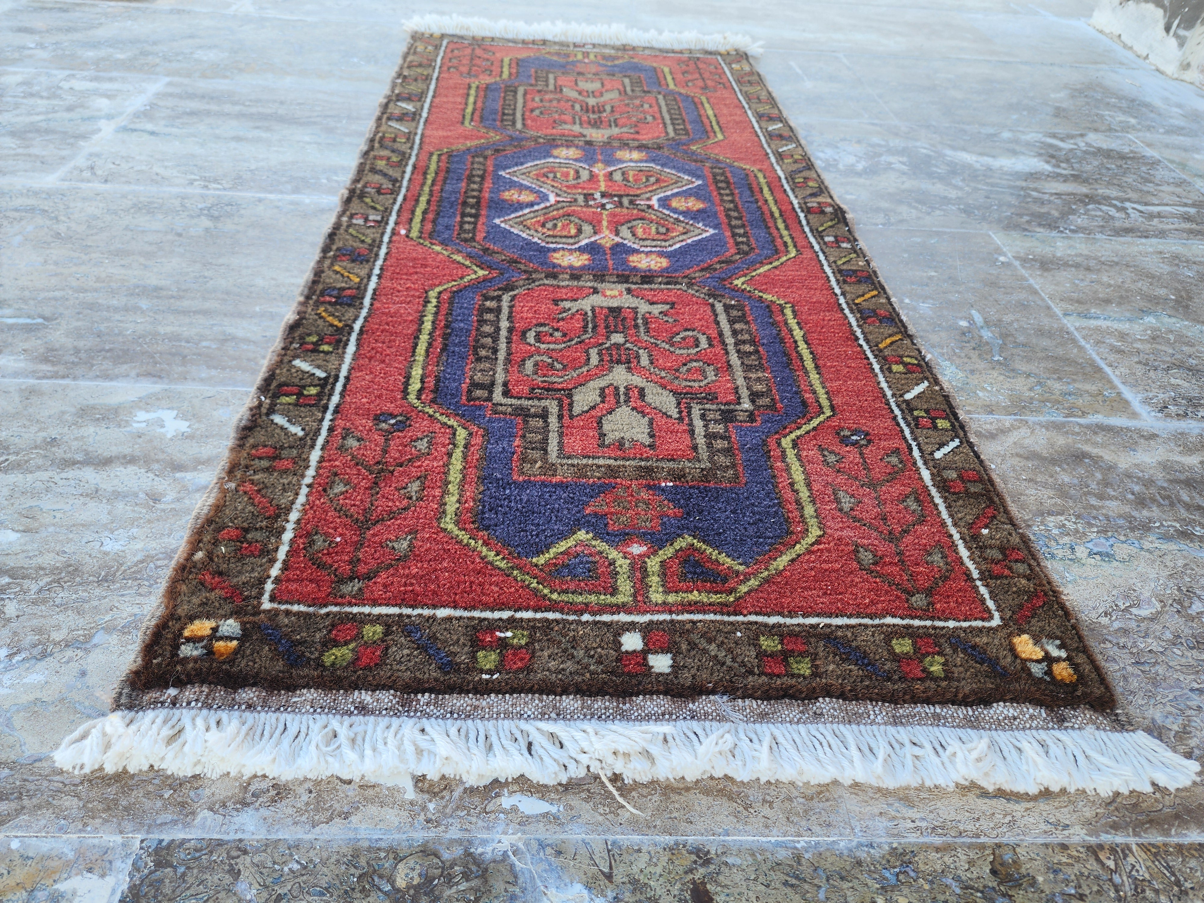 Small Turkish Rug, Distressed Door Mat, Overdyed Oushak Anatolian Carpet, Handmade Organic Wool Boho Rustic Decor Persian Area Rug 3'7"x1'8"