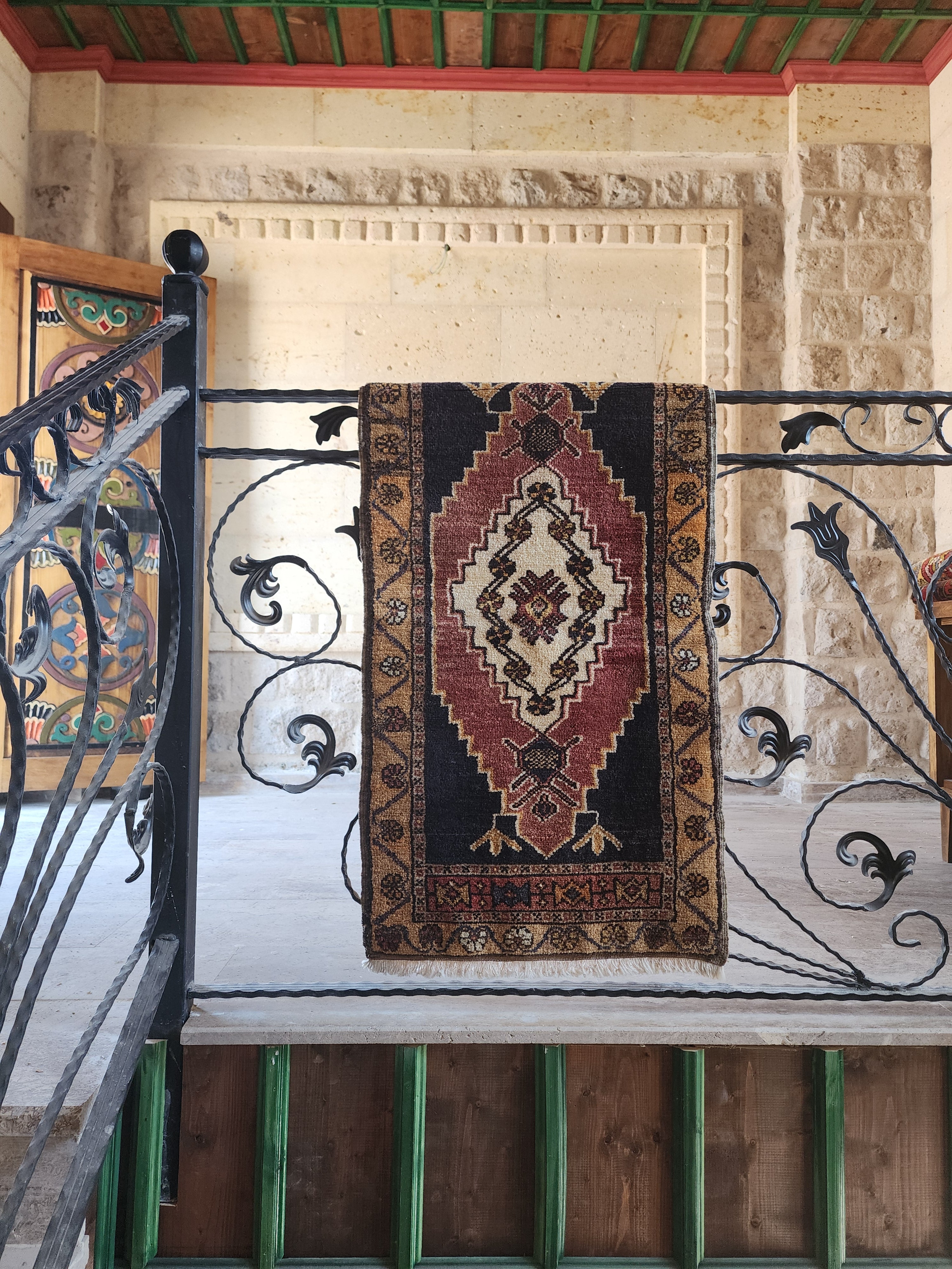 Small Vintage Rug 3 ft 2 in x 1 ft 8 in Purple/ Orrange and Blue Geometric Medallion Mat Handmade from Natural Wool for Entry or Bedroom