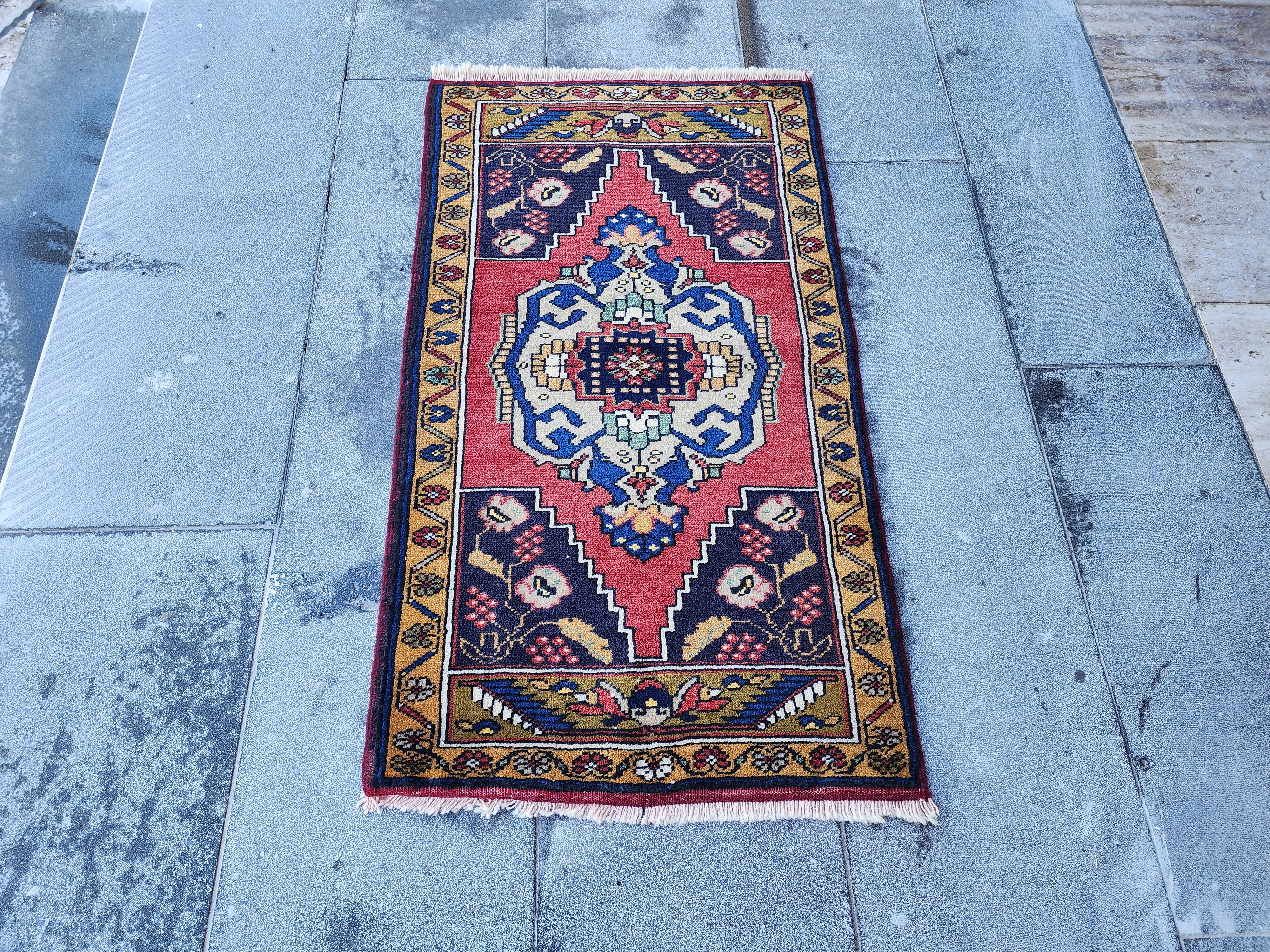 Antique Turkish Wool Rug: Red, Blue, Green Medallion, 1'11" x 3'5"