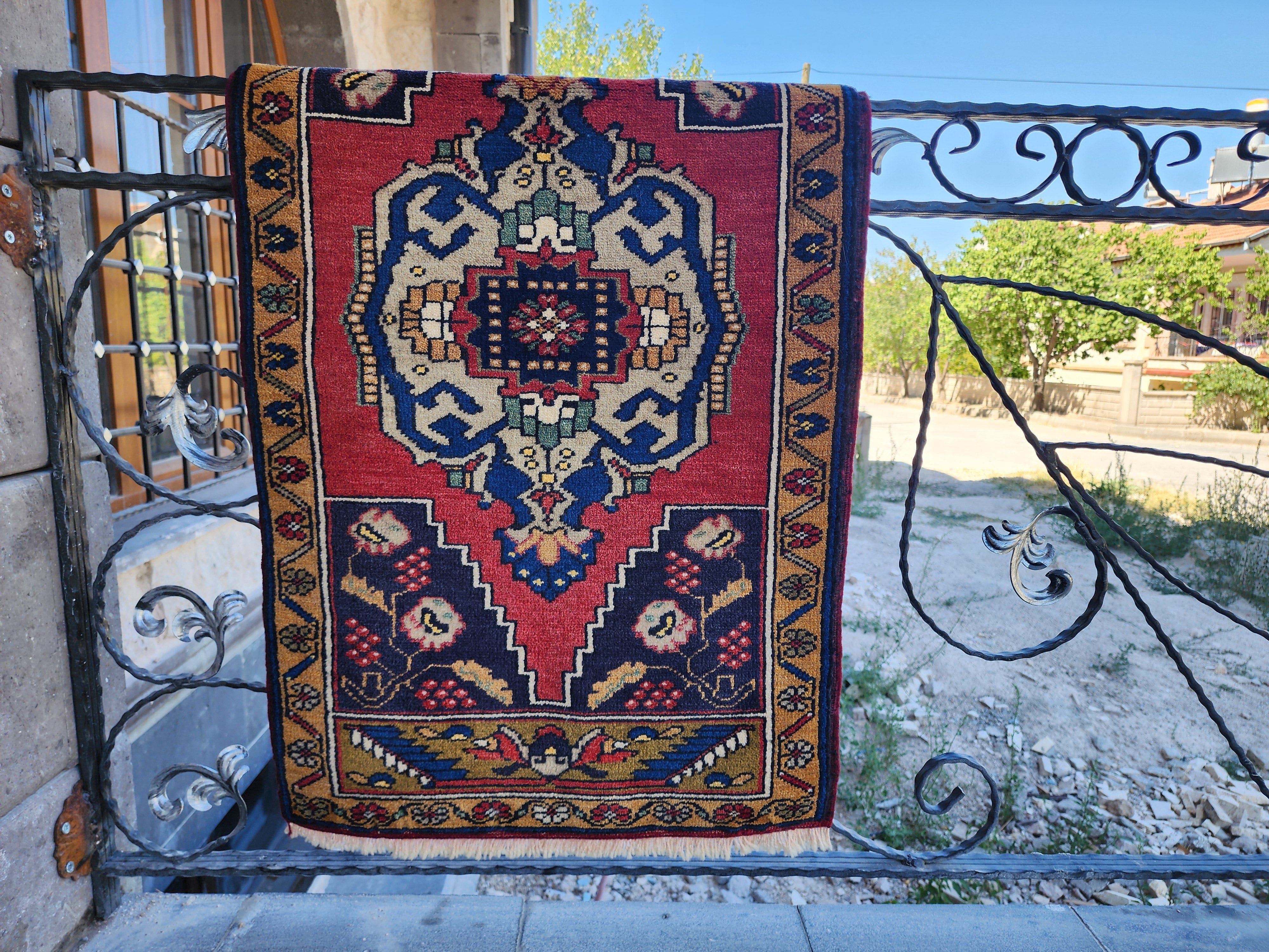 Antique Turkish Wool Rug: Red, Blue, Green Medallion, 1'11" x 3'5"