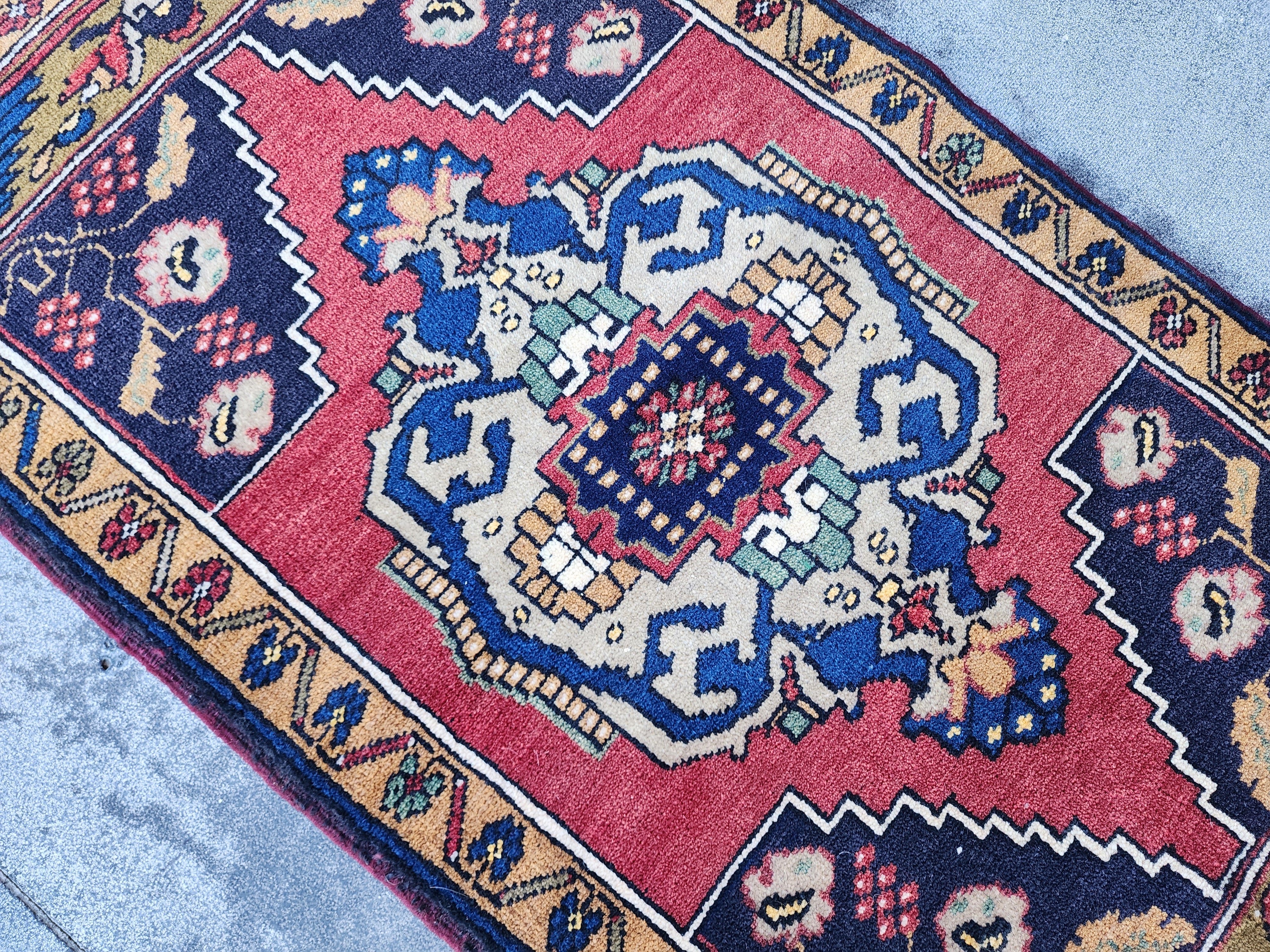 Antique Turkish Wool Rug: Red, Blue, Green Medallion, 1'11" x 3'5"