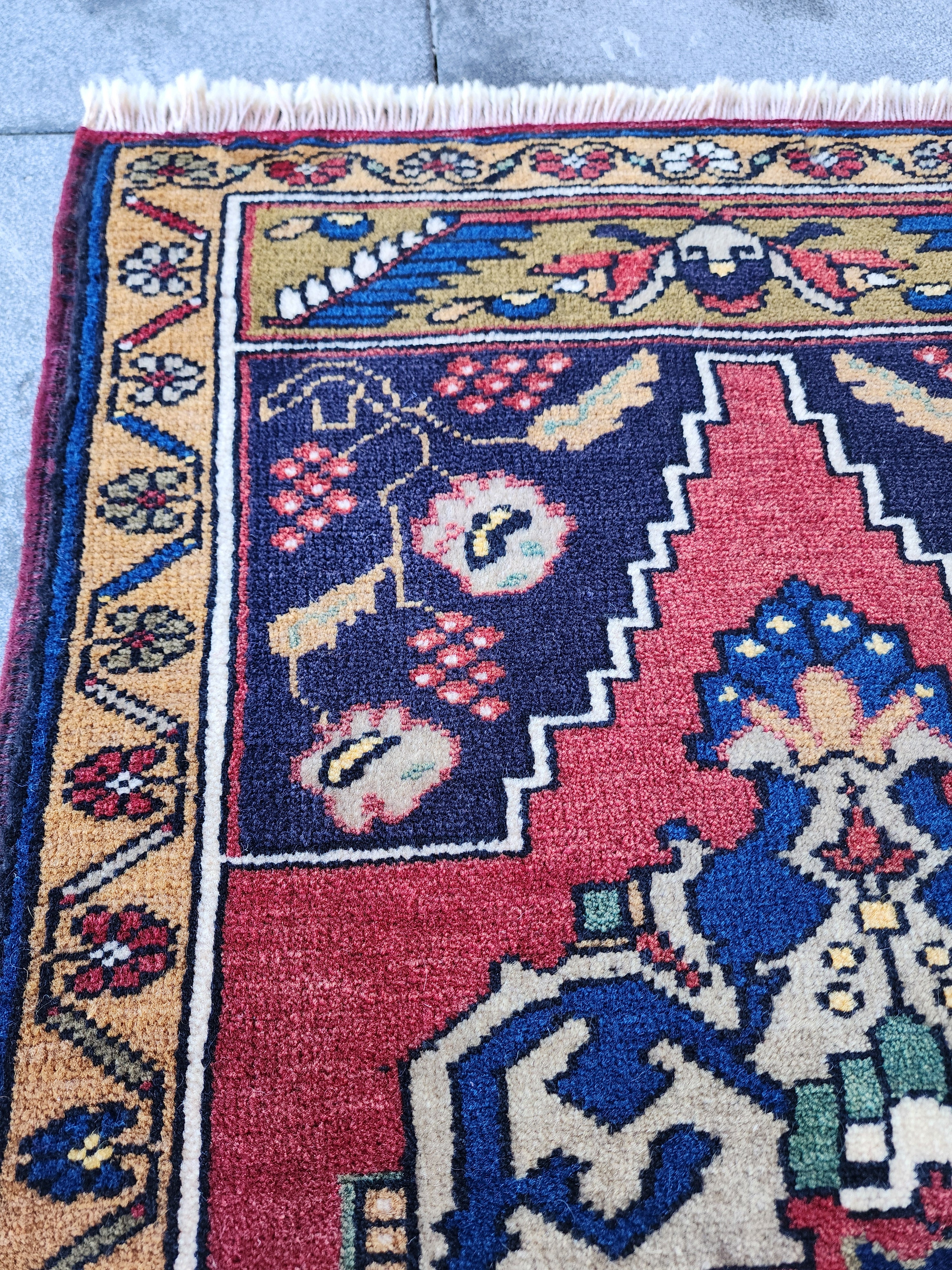 Antique Turkish Wool Rug: Red, Blue, Green Medallion, 1'11" x 3'5"