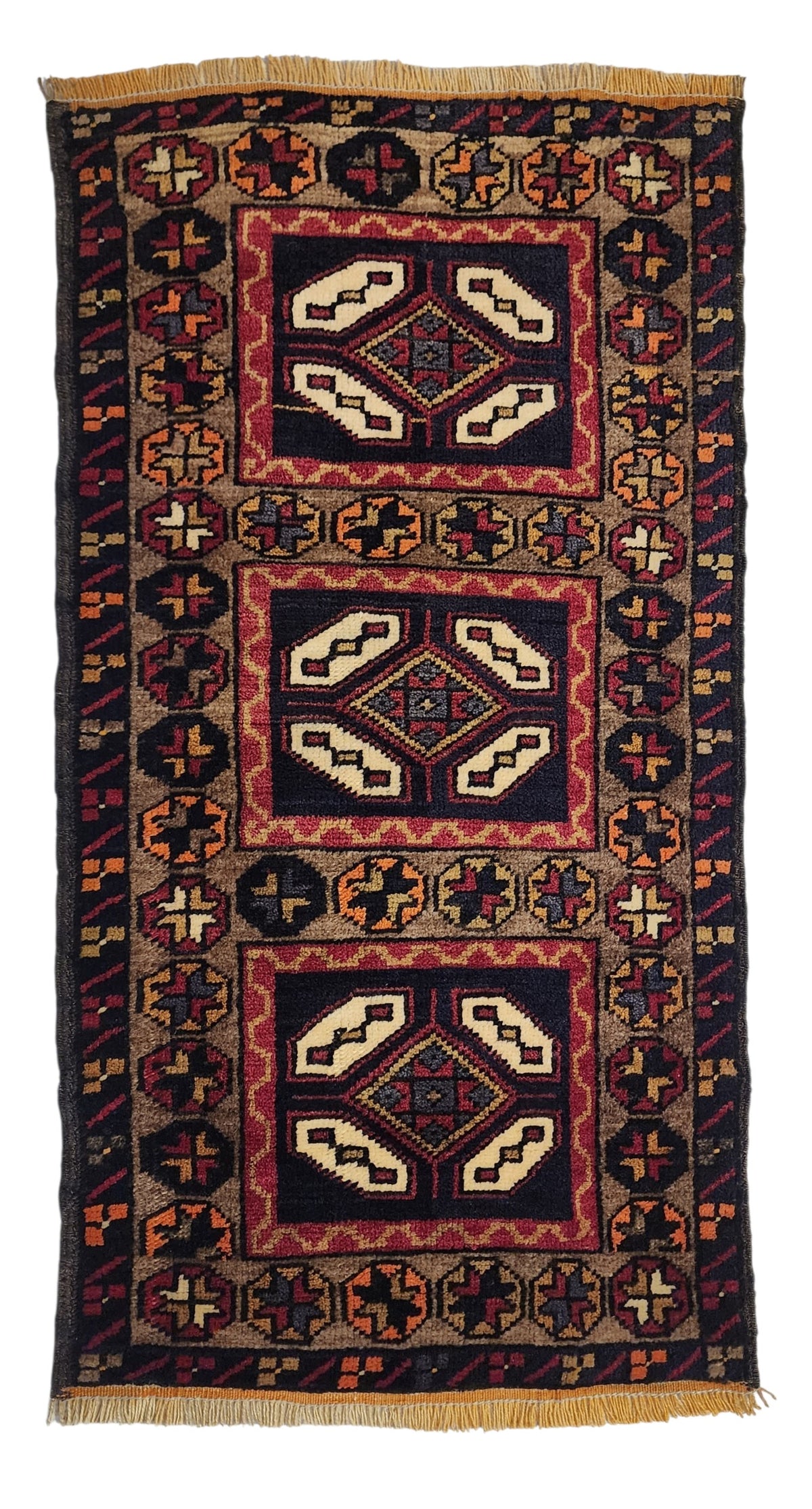 Vintage Adana rug in brown, blue and white, 1'9" x 3'3", full view
