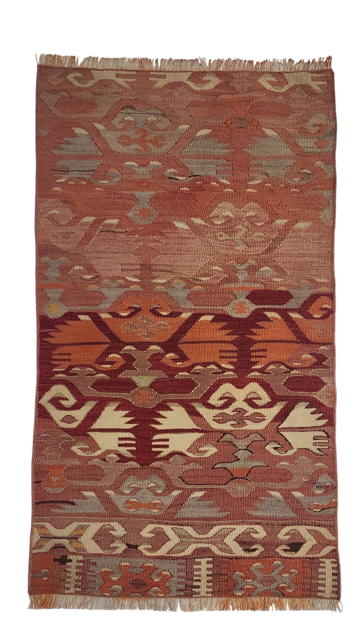 Vintage Afyon kilim rug in pink and orange, 1'7" x 3', full view