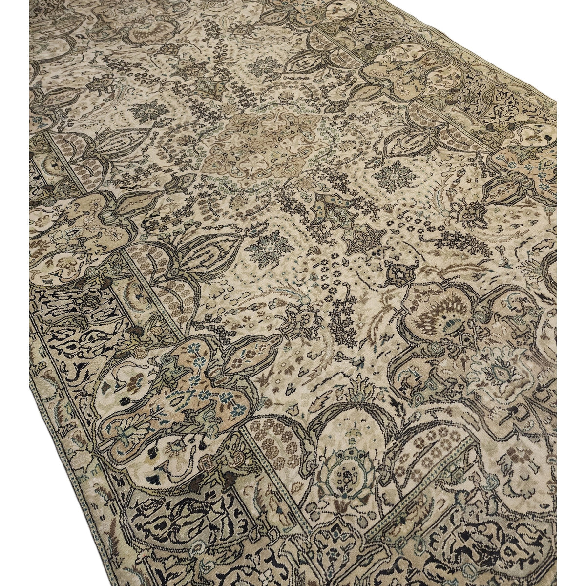Hand-Knotted Turkish Wool Rug, Neutral Beige Floral Medallion, Antique Anatolian Carpet