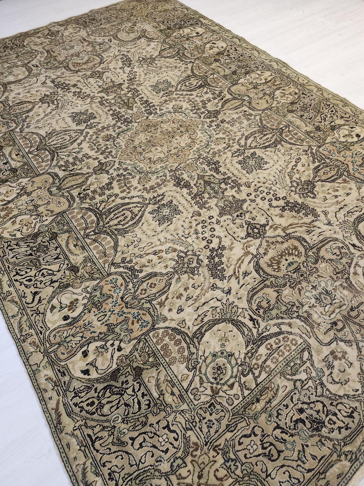 Hand-Knotted Turkish Wool Rug, Neutral Beige Floral Medallion, Antique Anatolian Carpet
