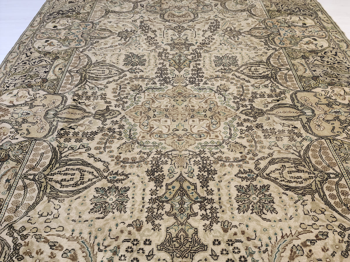 Hand-Knotted Turkish Wool Rug, Neutral Beige Floral Medallion, Antique Anatolian Carpet
