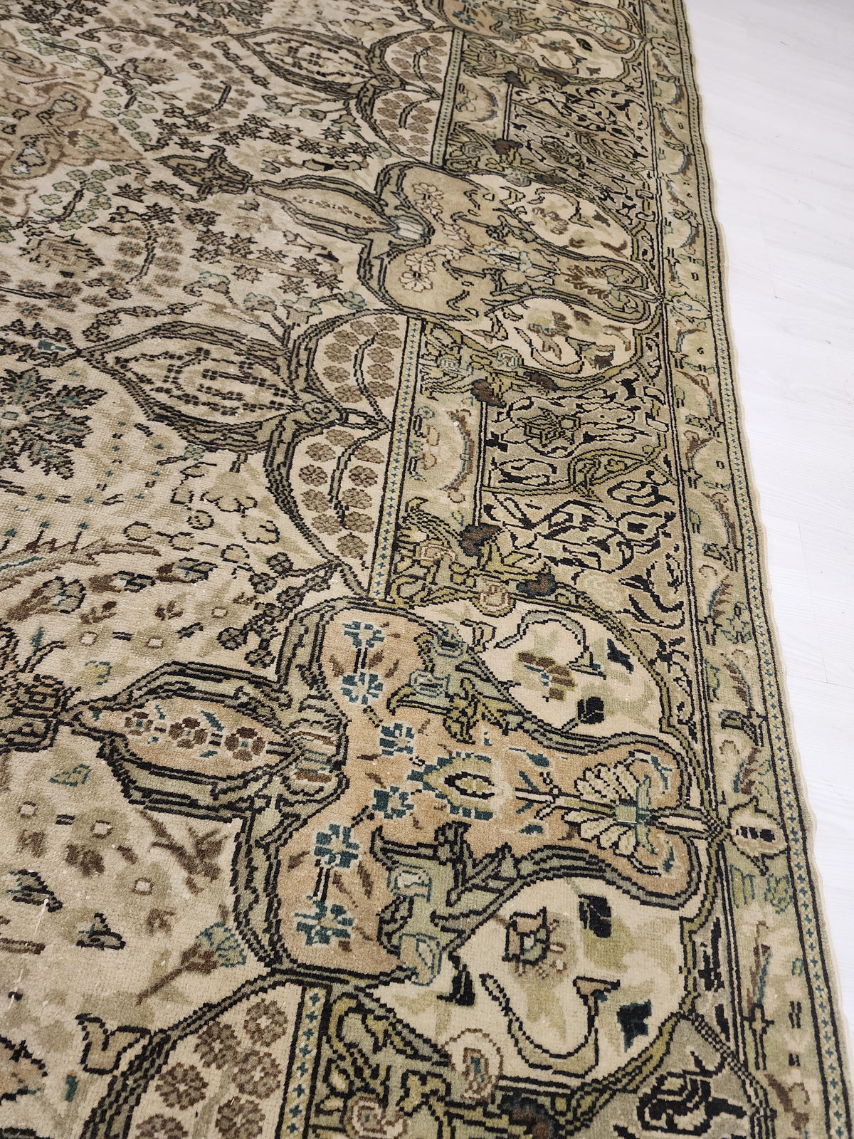 Hand-Knotted Turkish Wool Rug, Neutral Beige Floral Medallion, Antique Anatolian Carpet