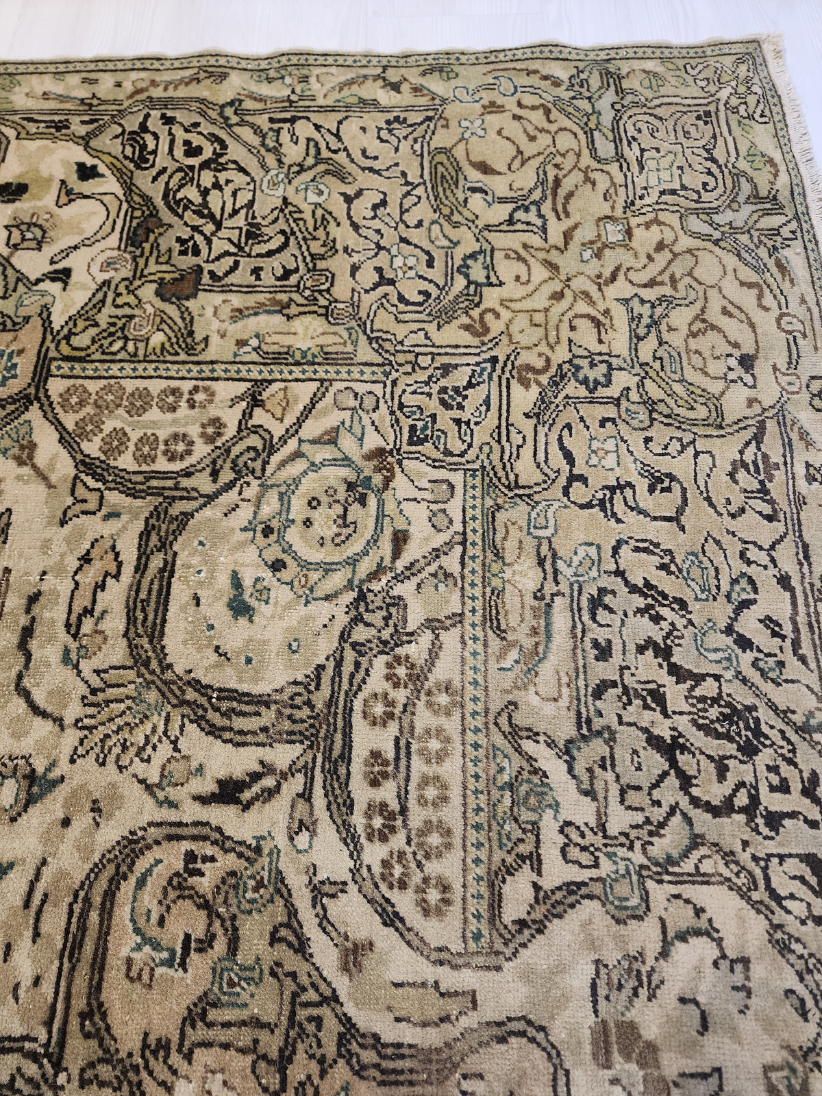 Hand-Knotted Turkish Wool Rug, Neutral Beige Floral Medallion, Antique Anatolian Carpet