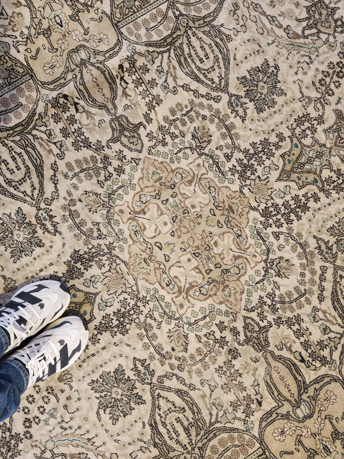 Hand-Knotted Turkish Wool Rug, Neutral Beige Floral Medallion, Antique Anatolian Carpet