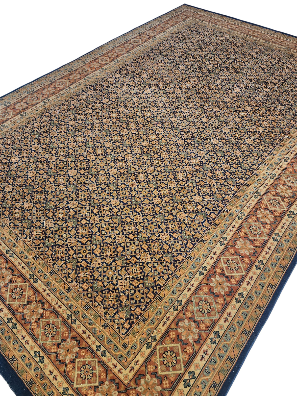 Vintage Turkish Wool Rug, Handknotted Anatolian Lattice Carpet, Navy Terracotta Area Rug