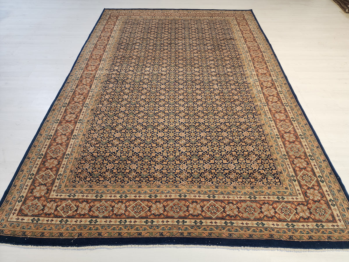 Vintage Turkish Wool Rug, Handknotted Anatolian Lattice Carpet, Navy Terracotta Area Rug