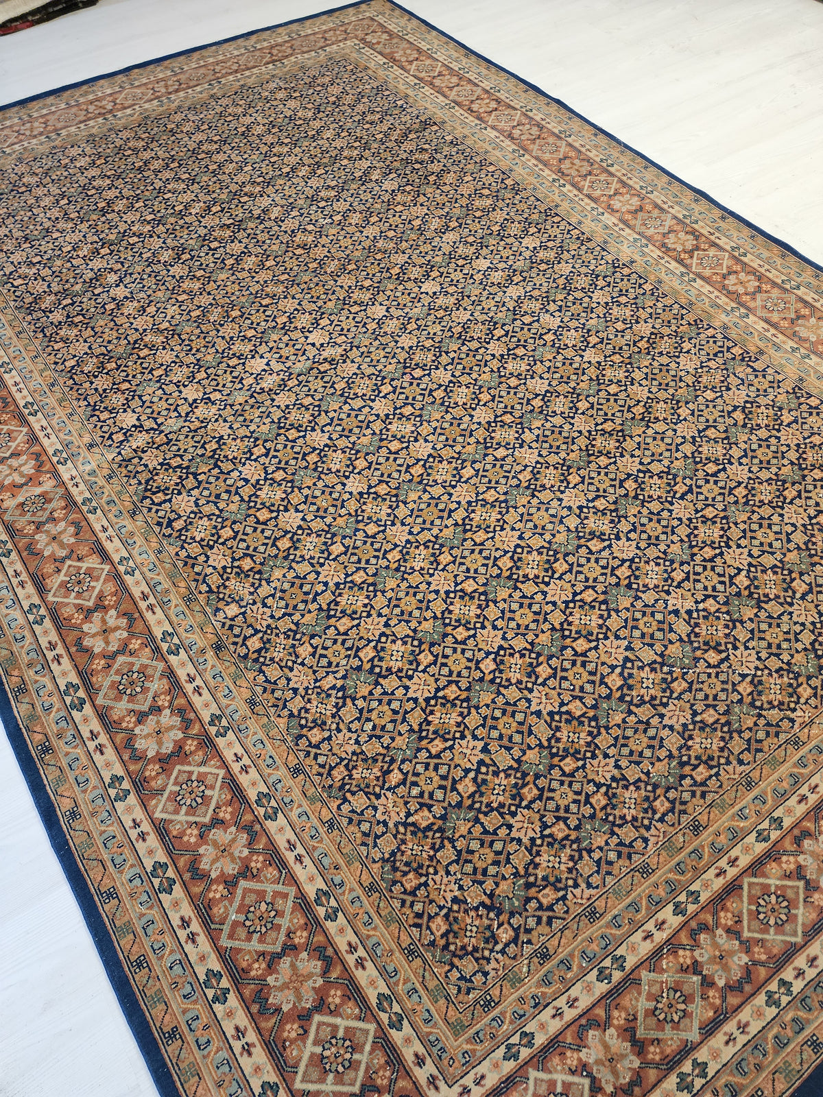 Vintage Turkish Wool Rug, Handknotted Anatolian Lattice Carpet, Navy Terracotta Area Rug