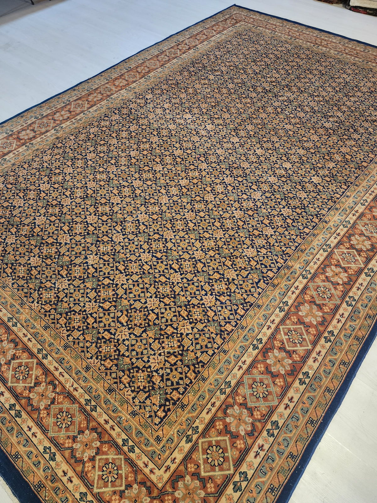 Vintage Turkish Wool Rug, Handknotted Anatolian Lattice Carpet, Navy Terracotta Area Rug