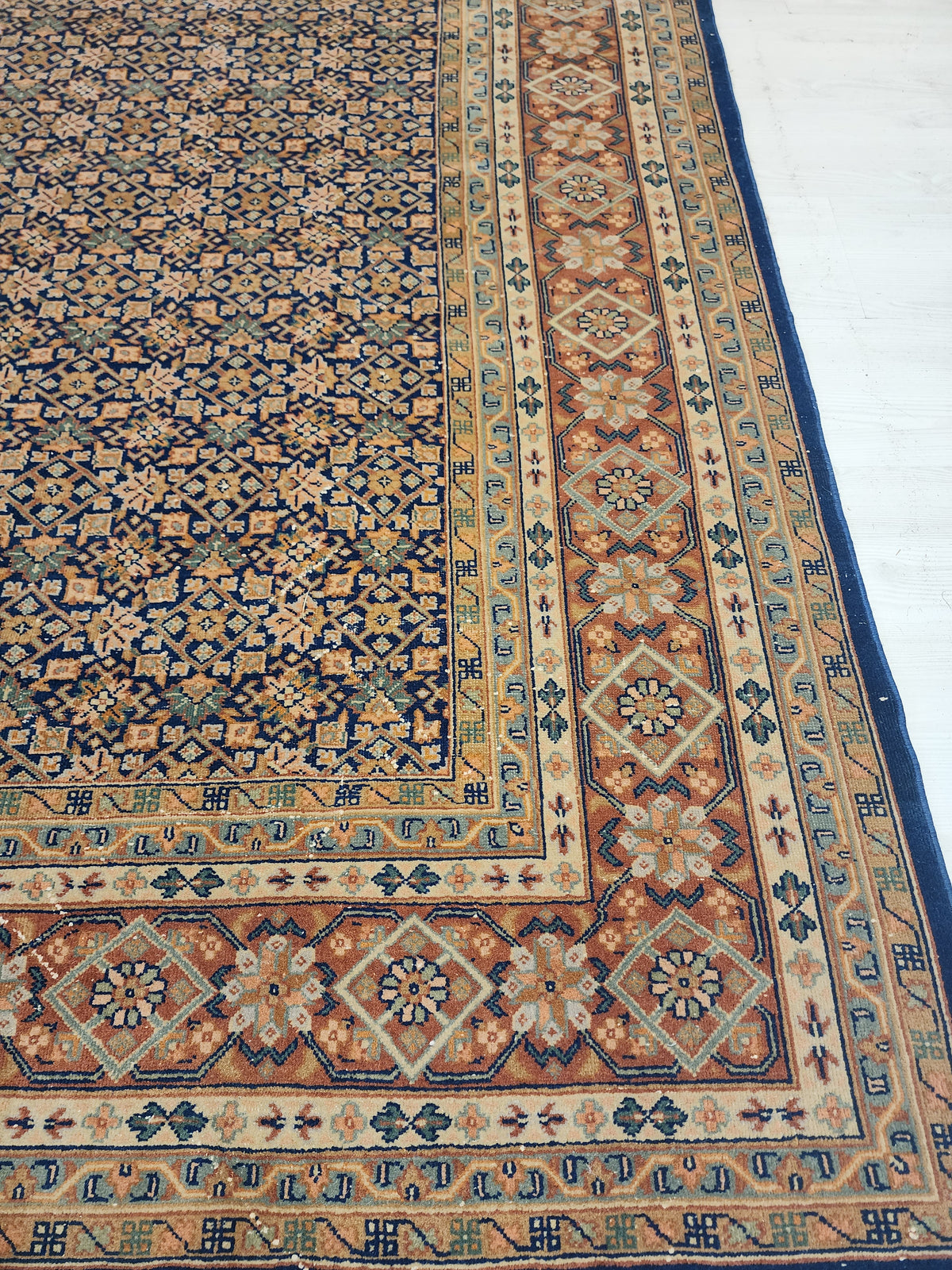 Vintage Turkish Wool Rug, Handknotted Anatolian Lattice Carpet, Navy Terracotta Area Rug
