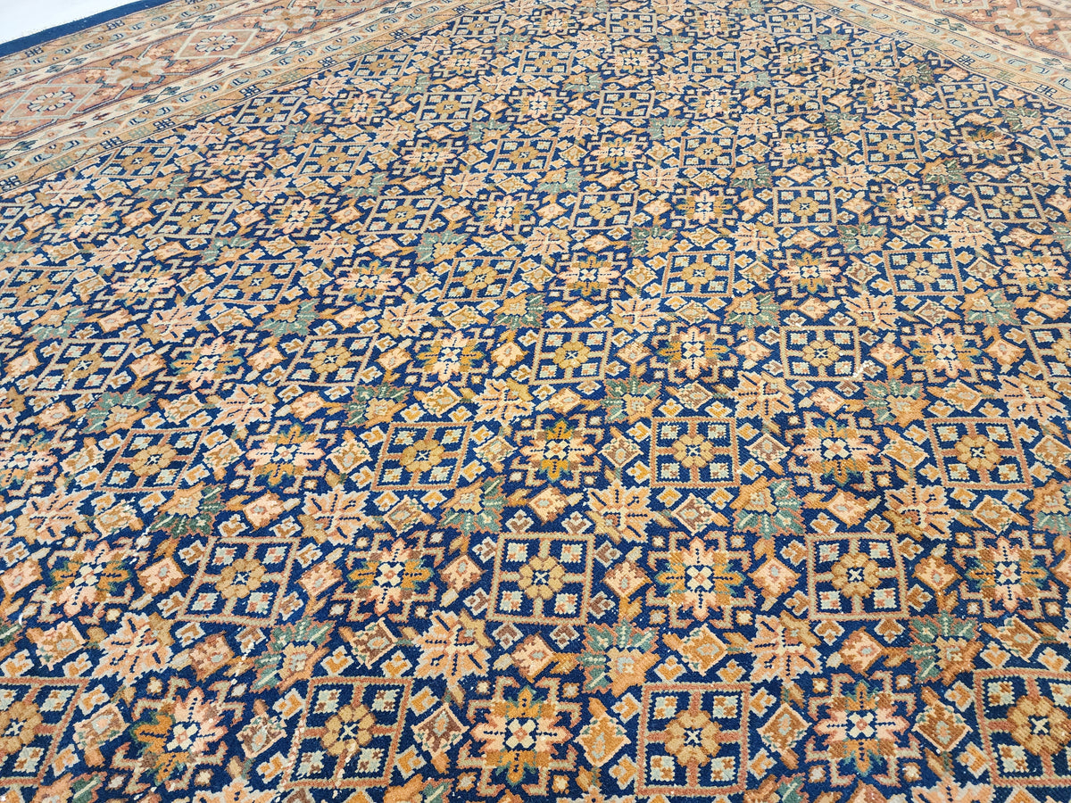 Vintage Turkish Wool Rug, Handknotted Anatolian Lattice Carpet, Navy Terracotta Area Rug