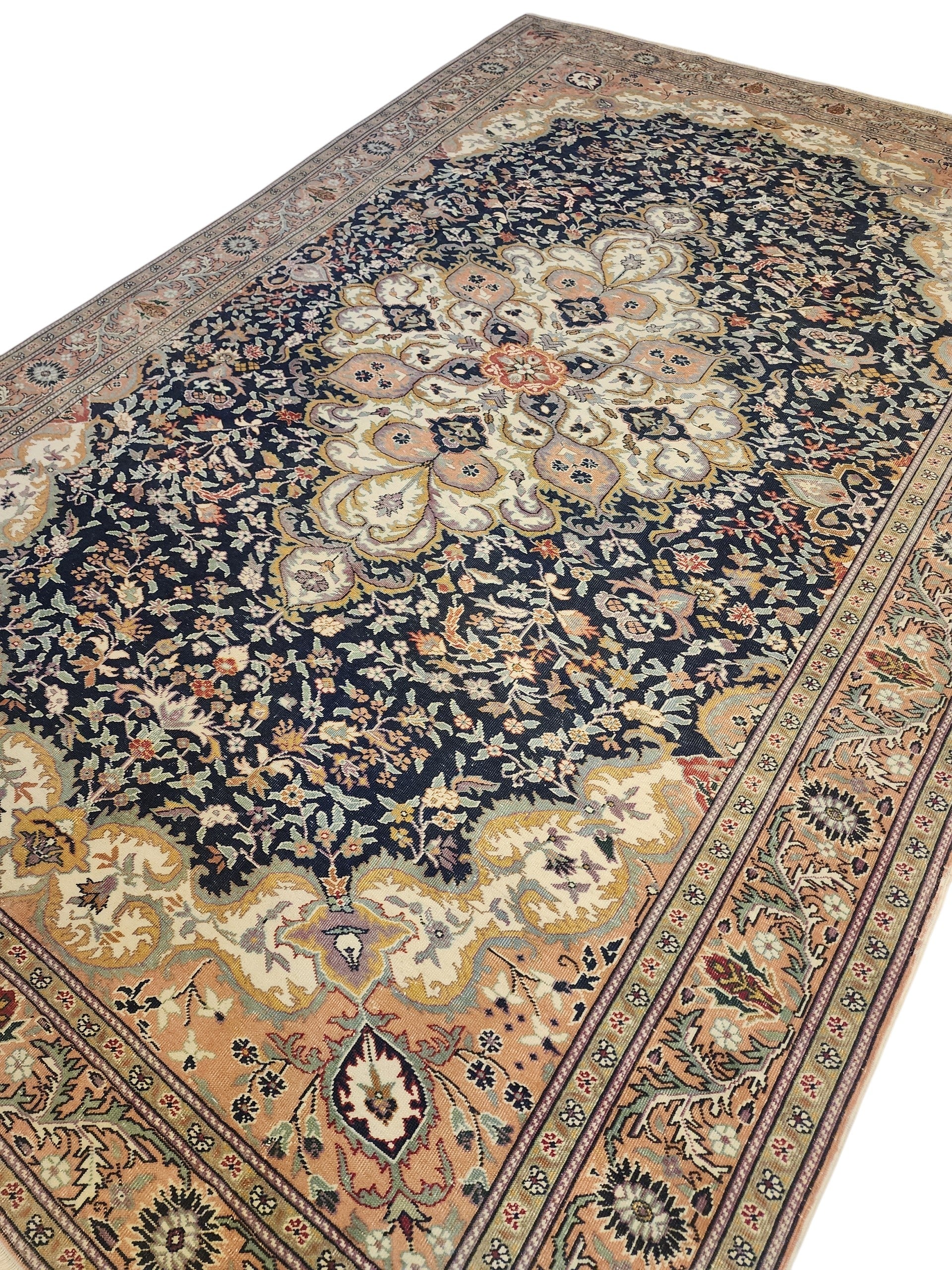Vintage Handwoven Turkish Hereke Style Rug, Navy Blue Floral Wool Carpet