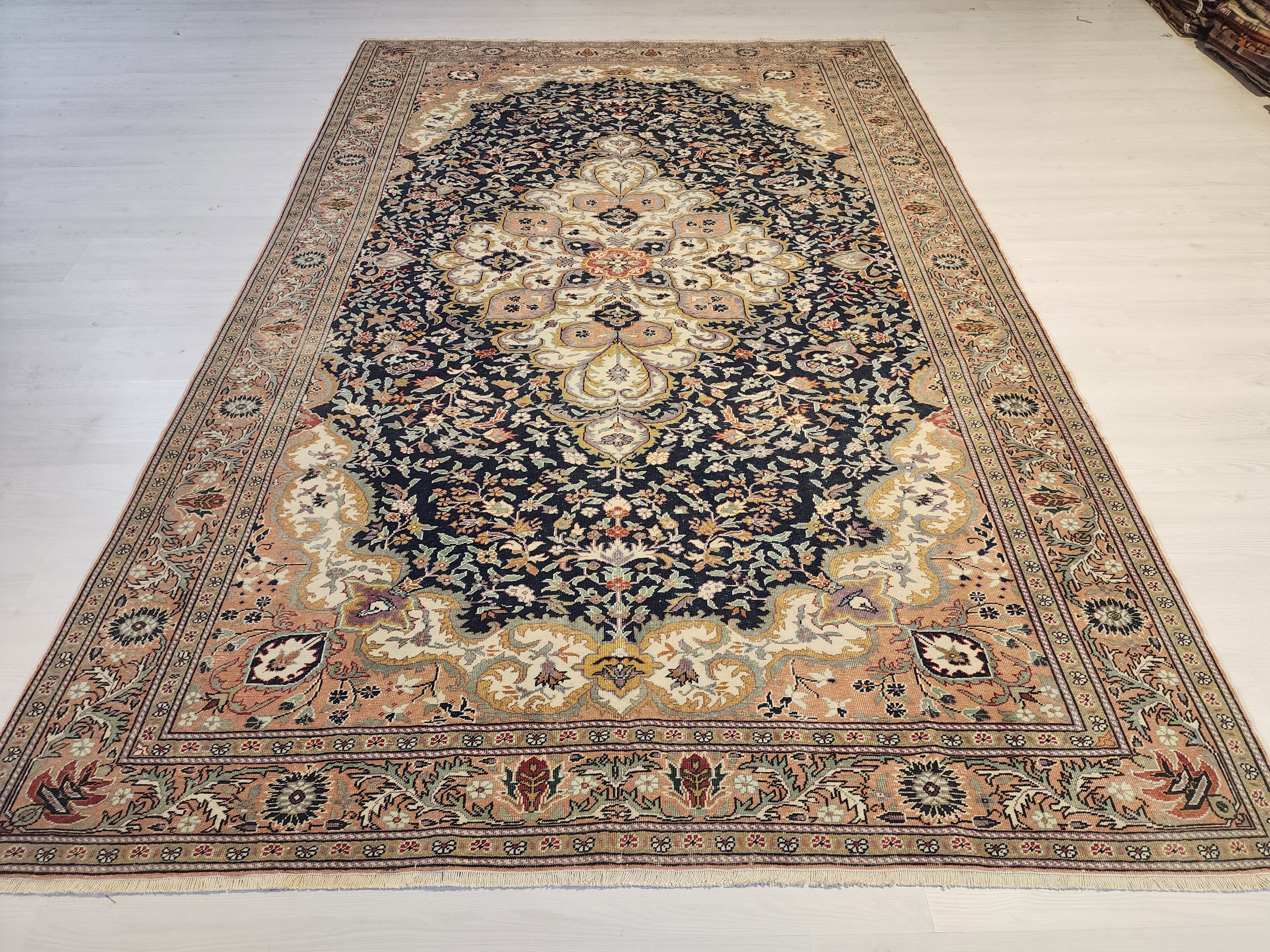 Vintage Handwoven Turkish Hereke Style Rug, Navy Blue Floral Wool Carpet