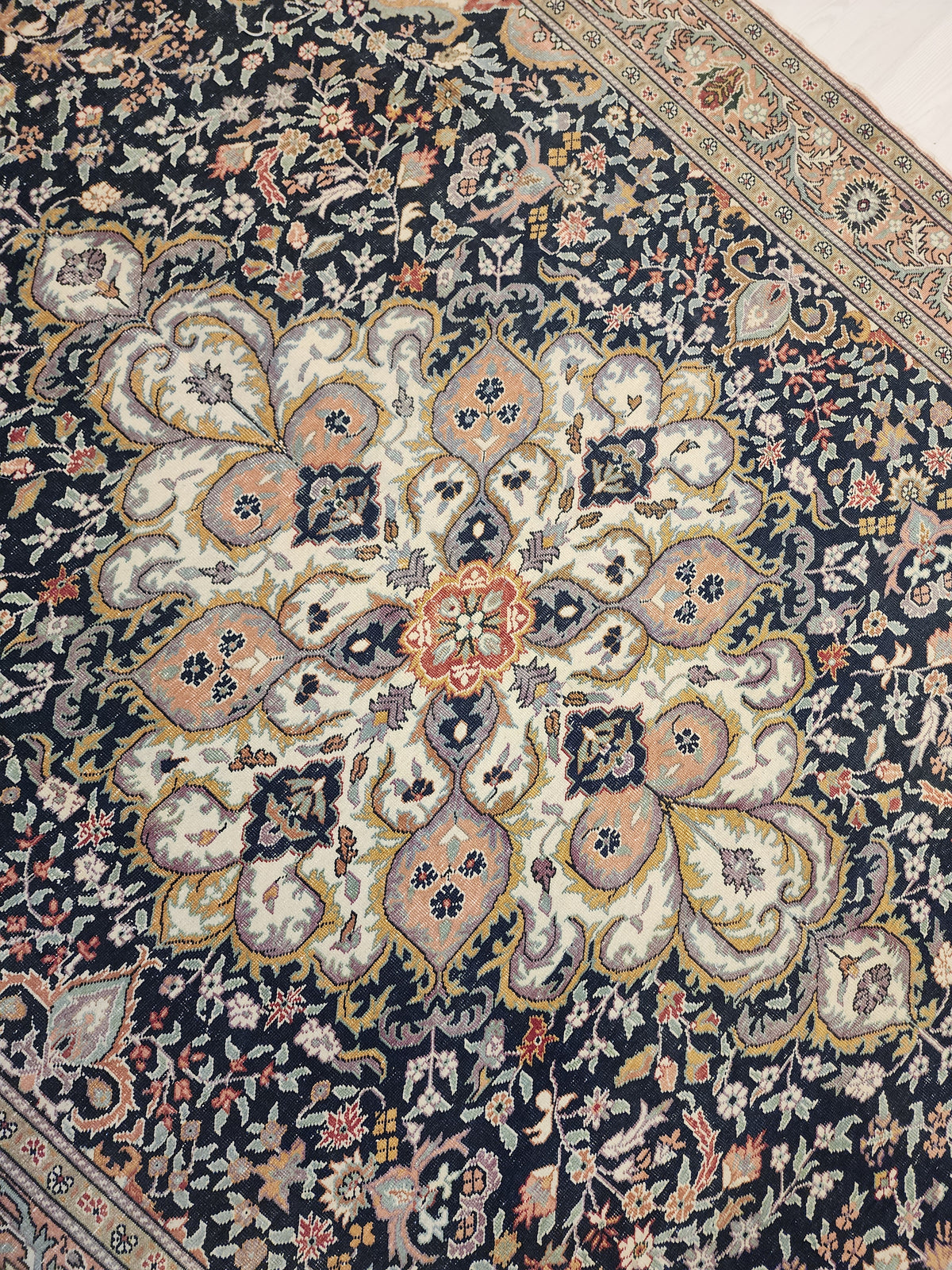Vintage Handwoven Turkish Hereke Style Rug, Navy Blue Floral Wool Carpet