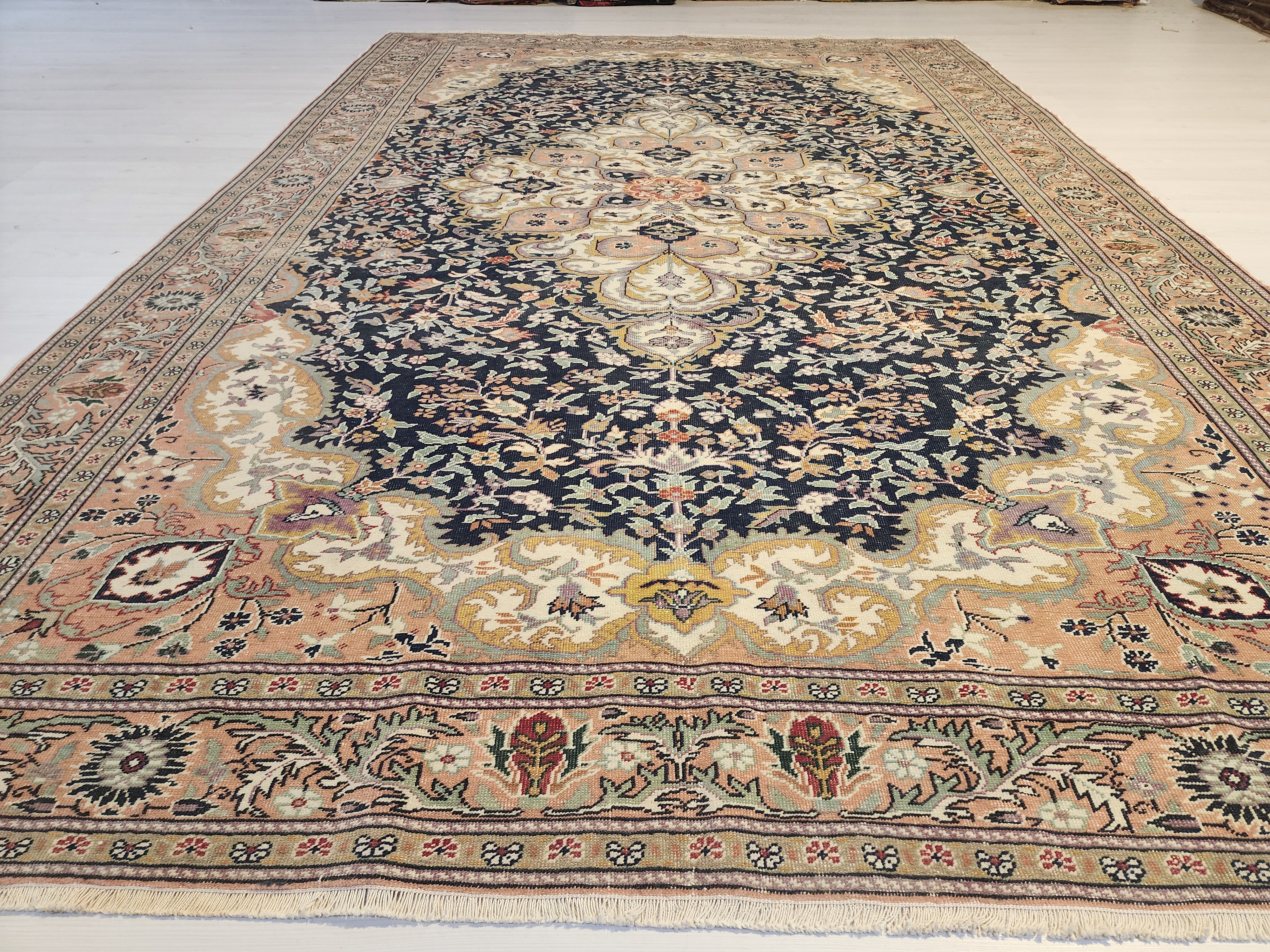 Vintage Handwoven Turkish Hereke Style Rug, Navy Blue Floral Wool Carpet
