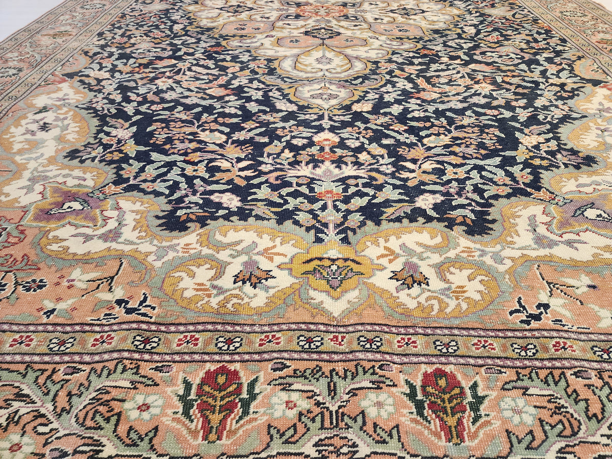 Vintage Handwoven Turkish Hereke Style Rug, Navy Blue Floral Wool Carpet