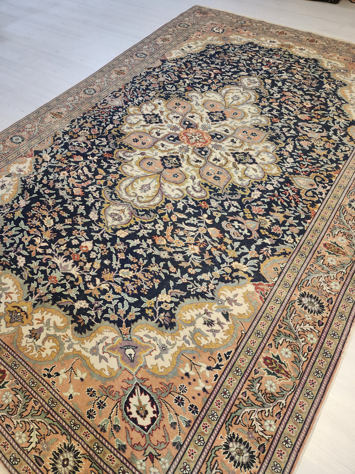 Vintage Handwoven Turkish Hereke Style Rug, Navy Blue Floral Wool Carpet