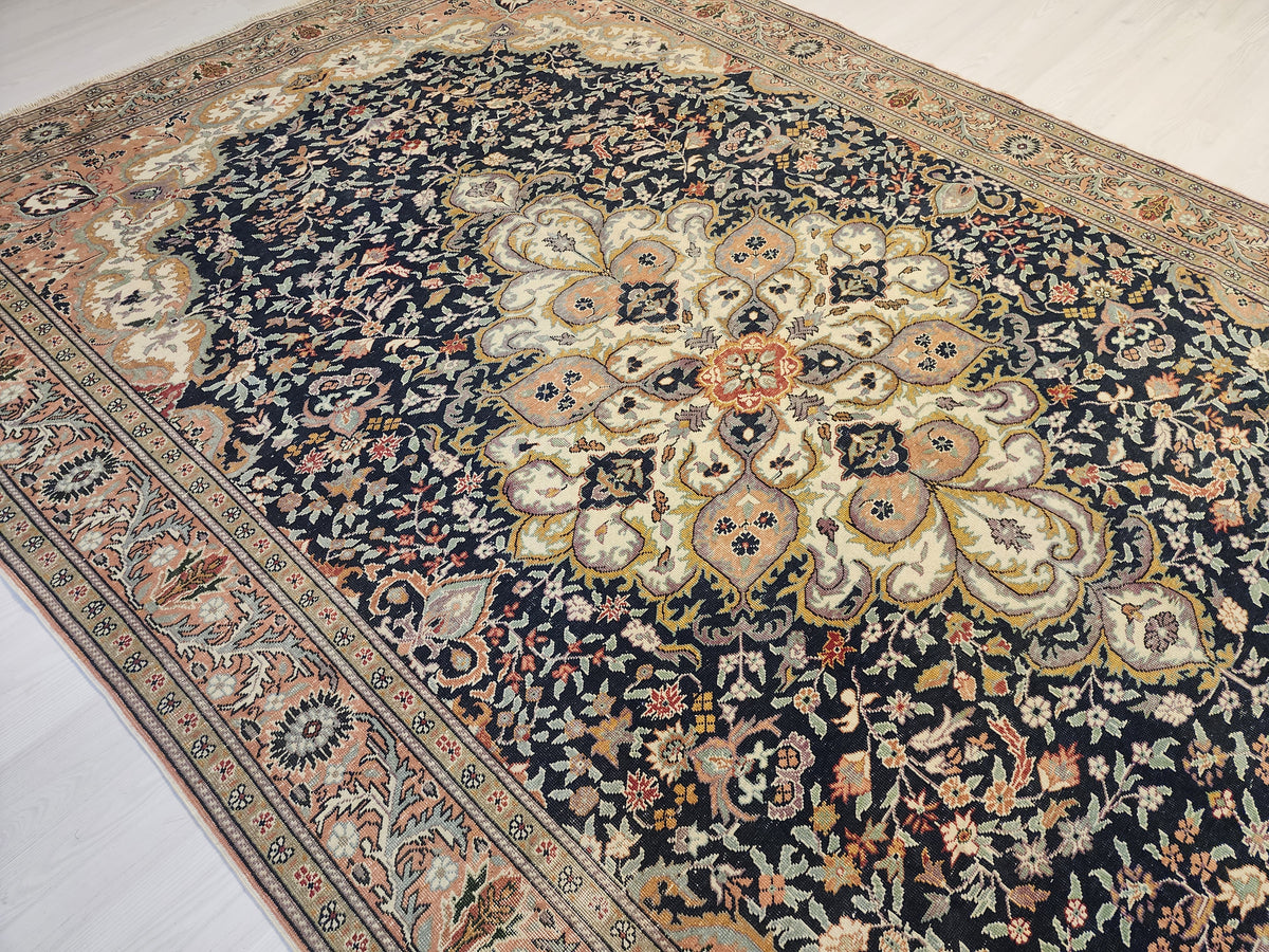 Vintage Handwoven Turkish Hereke Style Rug, Navy Blue Floral Wool Carpet