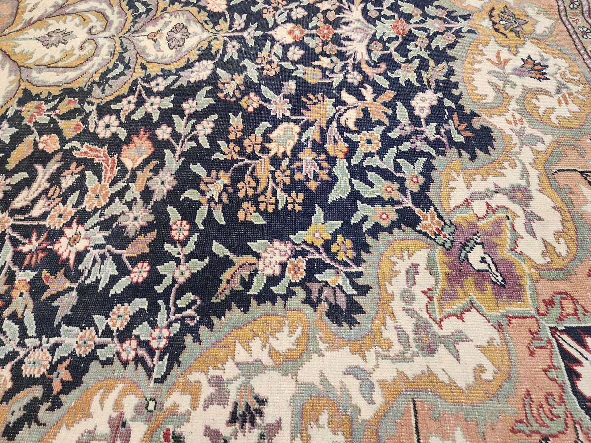 Vintage Handwoven Turkish Hereke Style Rug, Navy Blue Floral Wool Carpet