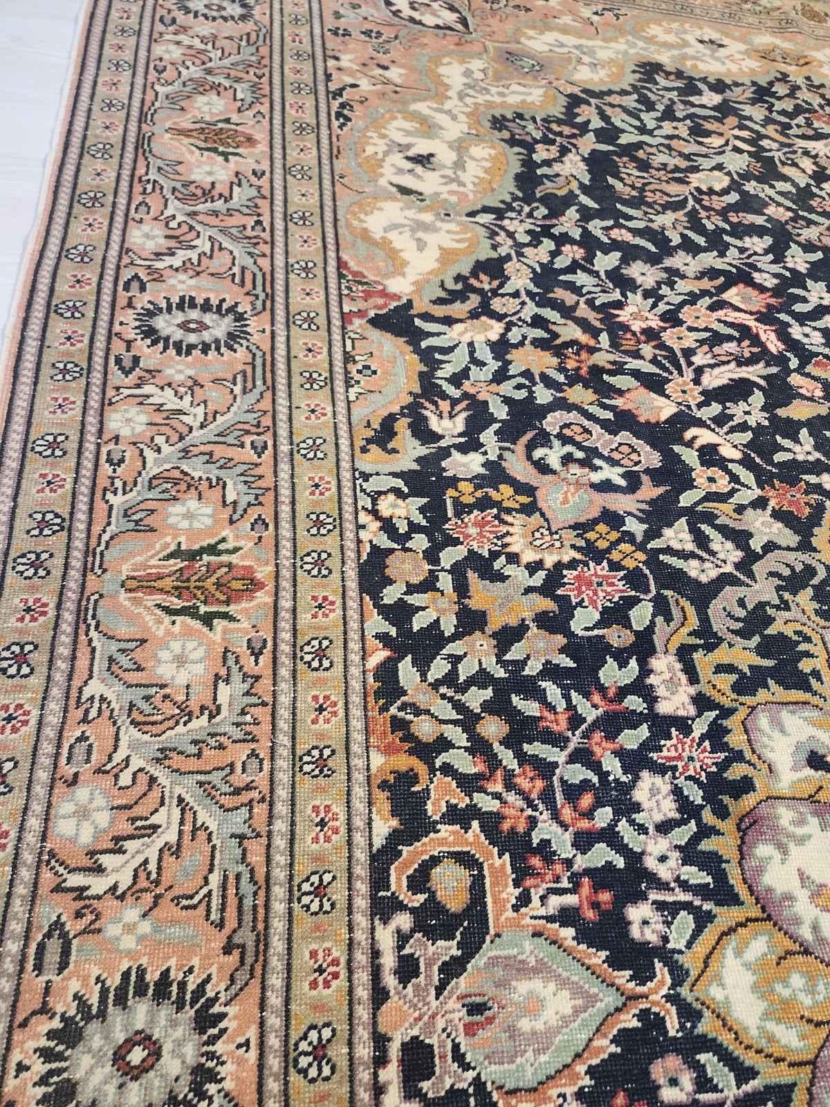 Vintage Handwoven Turkish Hereke Style Rug, Navy Blue Floral Wool Carpet