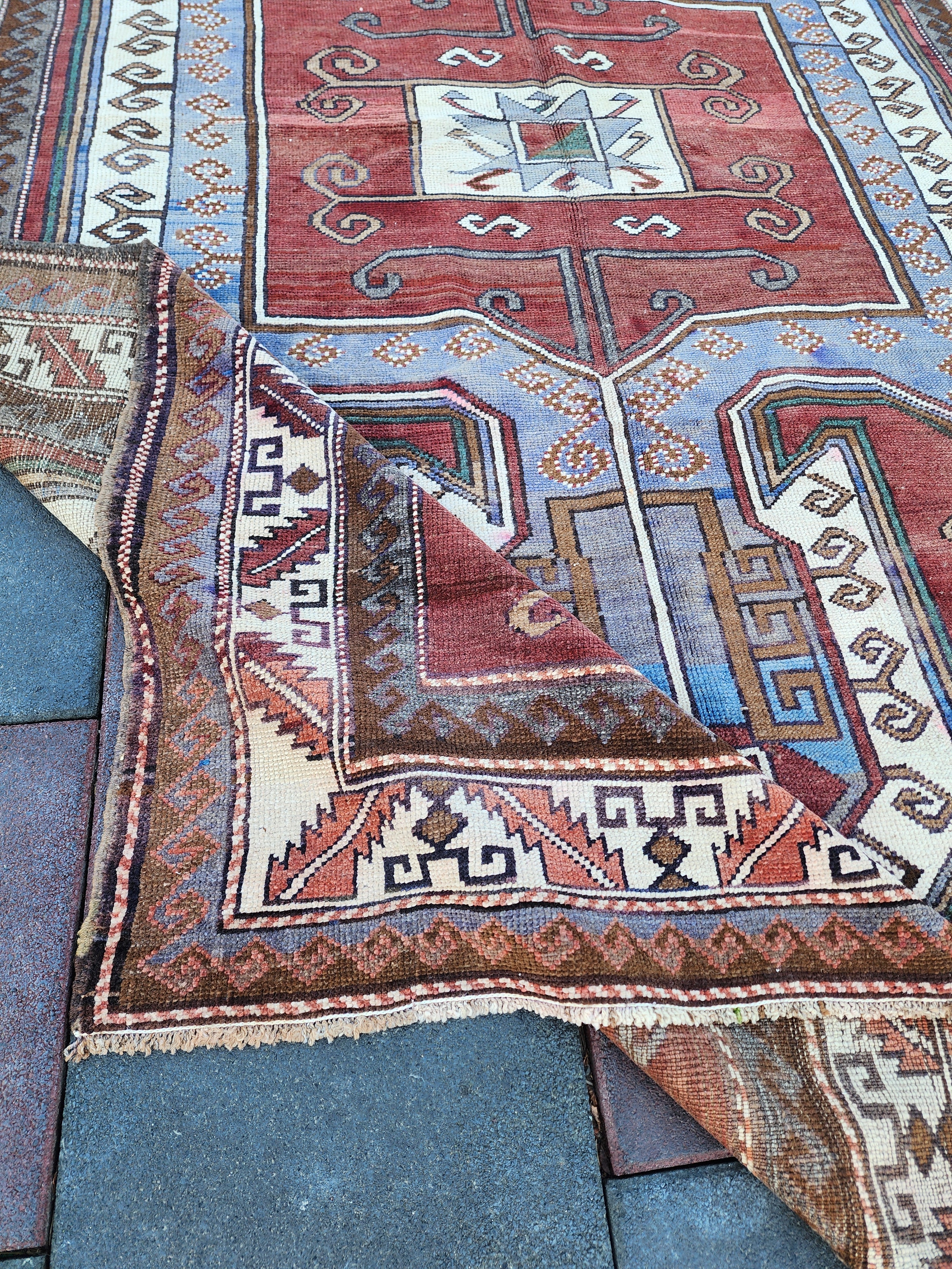 Brown Blue Vintage Rug, Traditional Tribal Nomadic Handwoven Kars Wool Rug, 10'5"x6'6"
