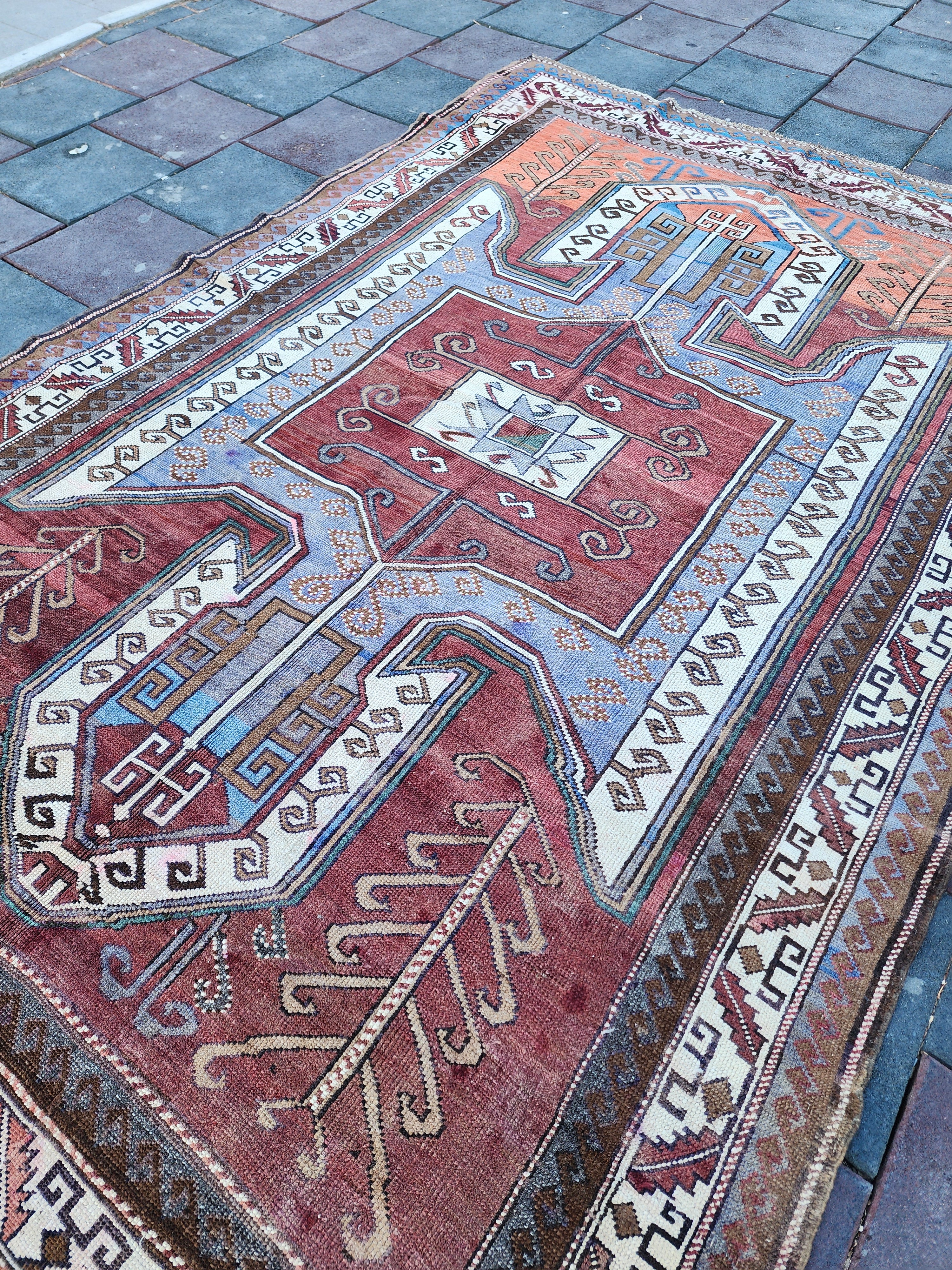 Brown Blue Vintage Rug, Traditional Tribal Nomadic Handwoven Kars Wool Rug, 10'5"x6'6"