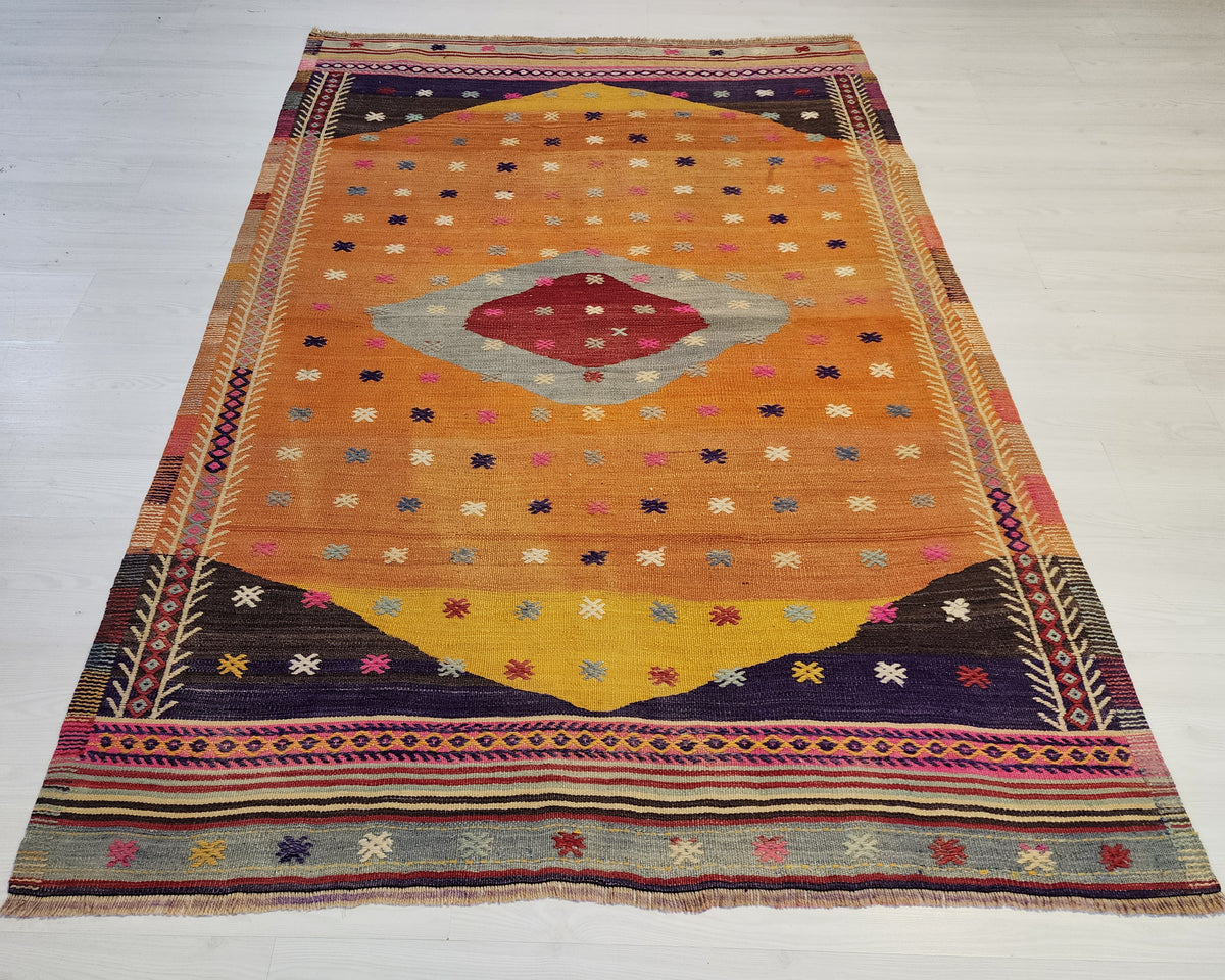 Vintage Fethiye Kilim Rug, Tahtacı Tribal Flatweave, Natural Dye Wool Area Rug