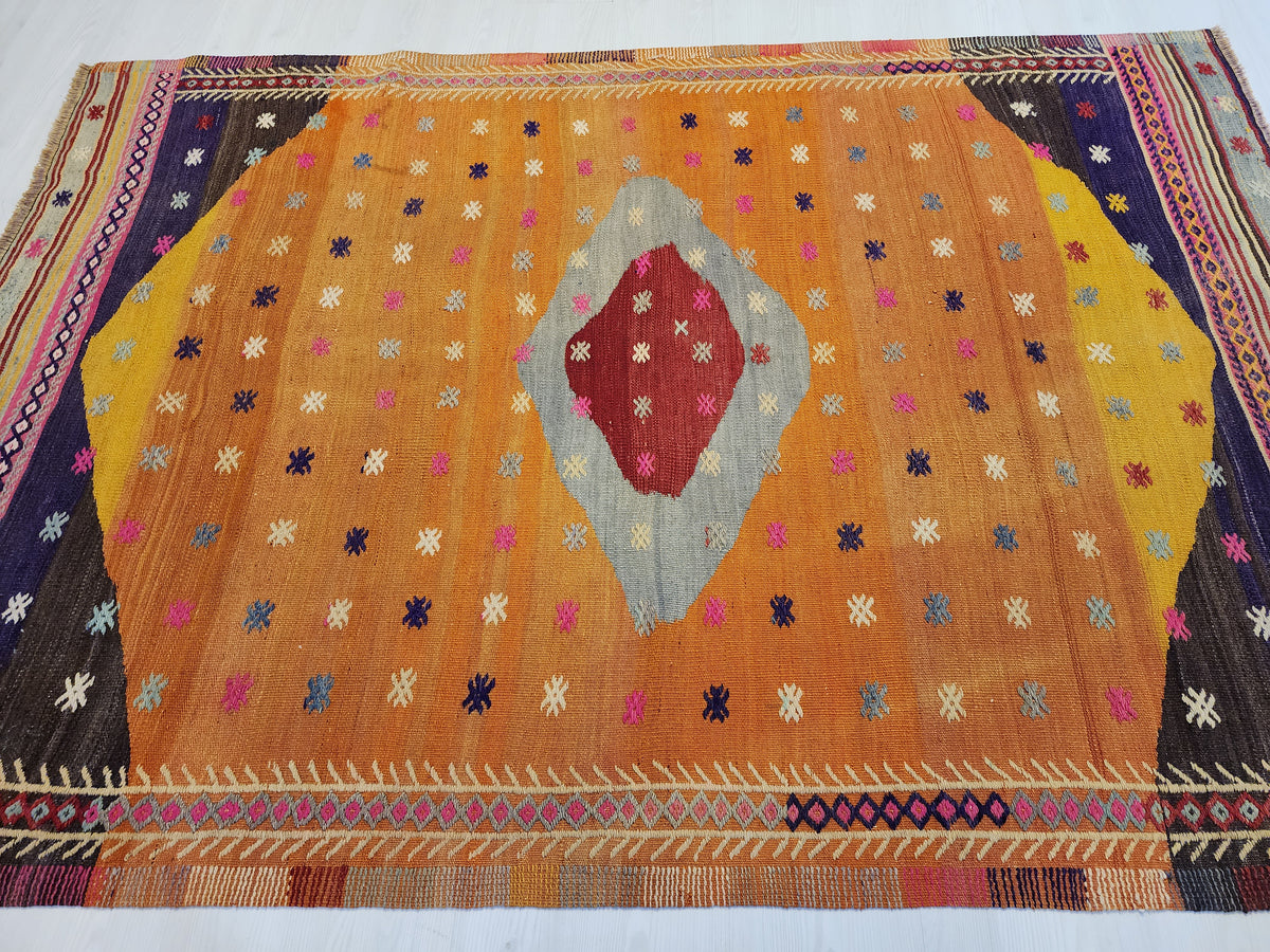Vintage Fethiye Kilim Rug, Tahtacı Tribal Flatweave, Natural Dye Wool Area Rug