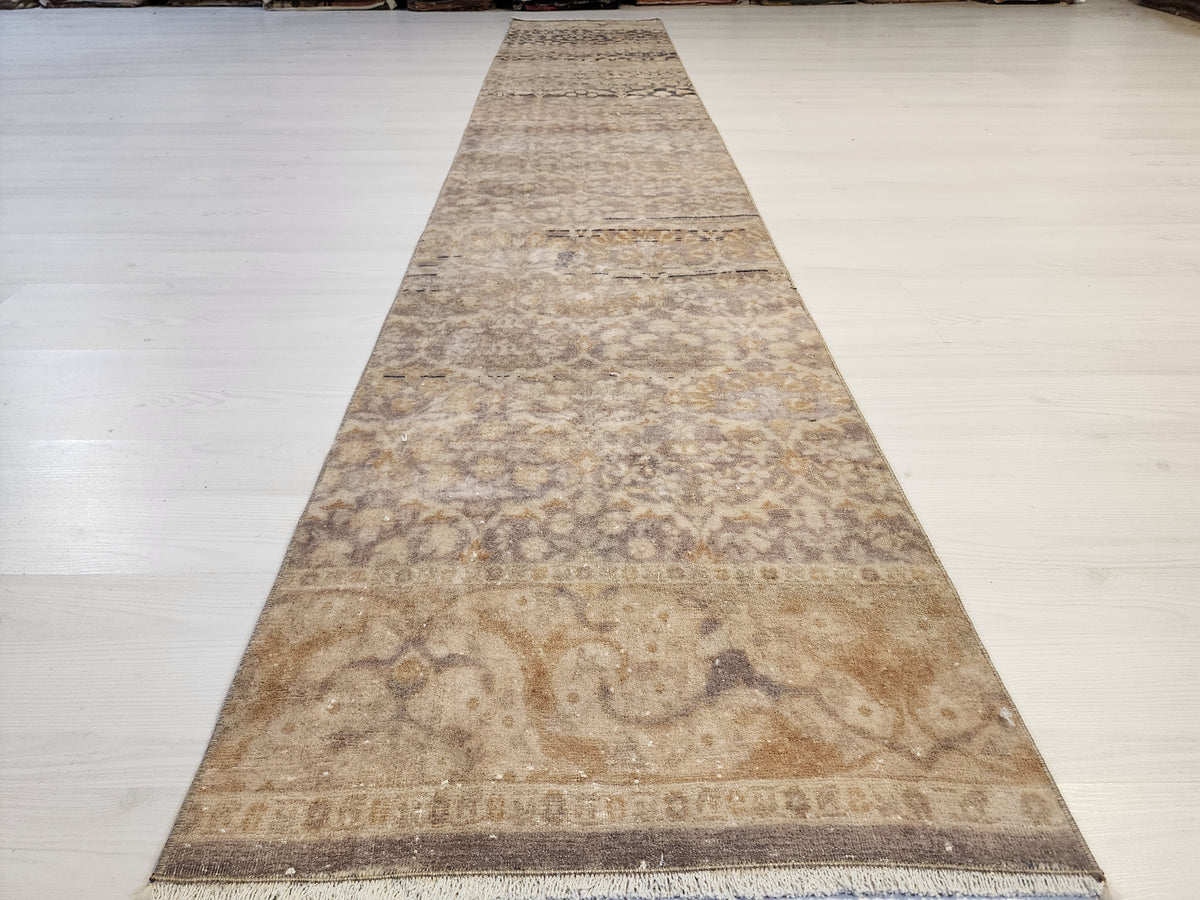 Vintage Turkish Hereke Runner Rug, Handknotted Wool, Muted Beige Brown Floral 1'9''x10'3''