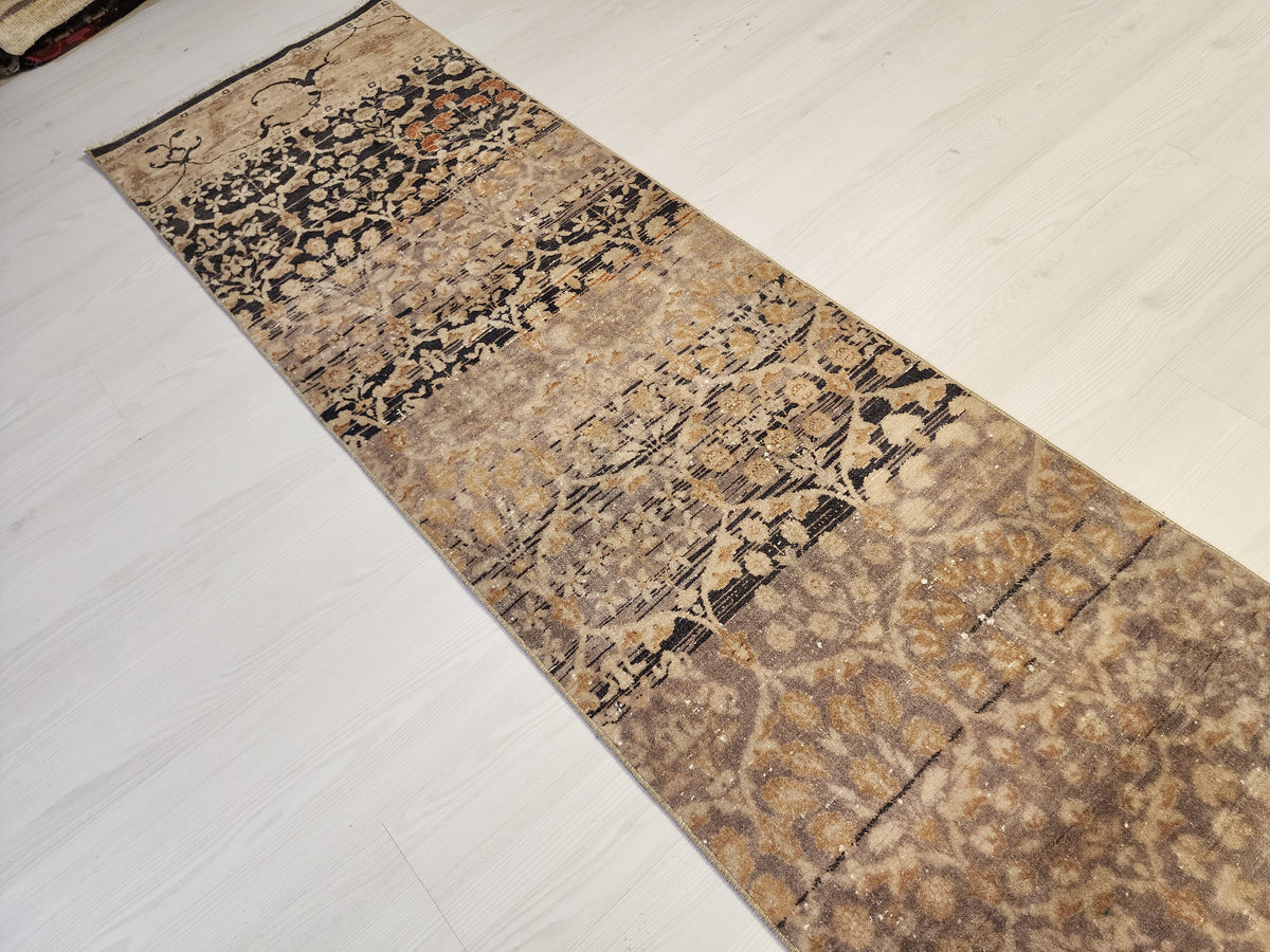 Vintage Turkish Hereke Runner Rug, Handknotted Wool, Muted Beige Brown Floral 1'9''x10'3''