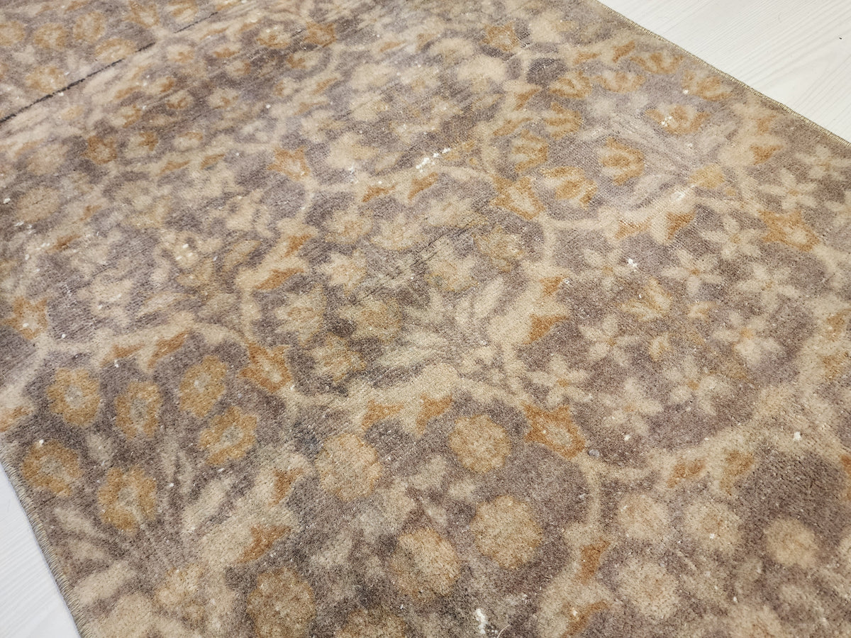 Vintage Turkish Hereke Runner Rug, Handknotted Wool, Muted Beige Brown Floral 1'9''x10'3''