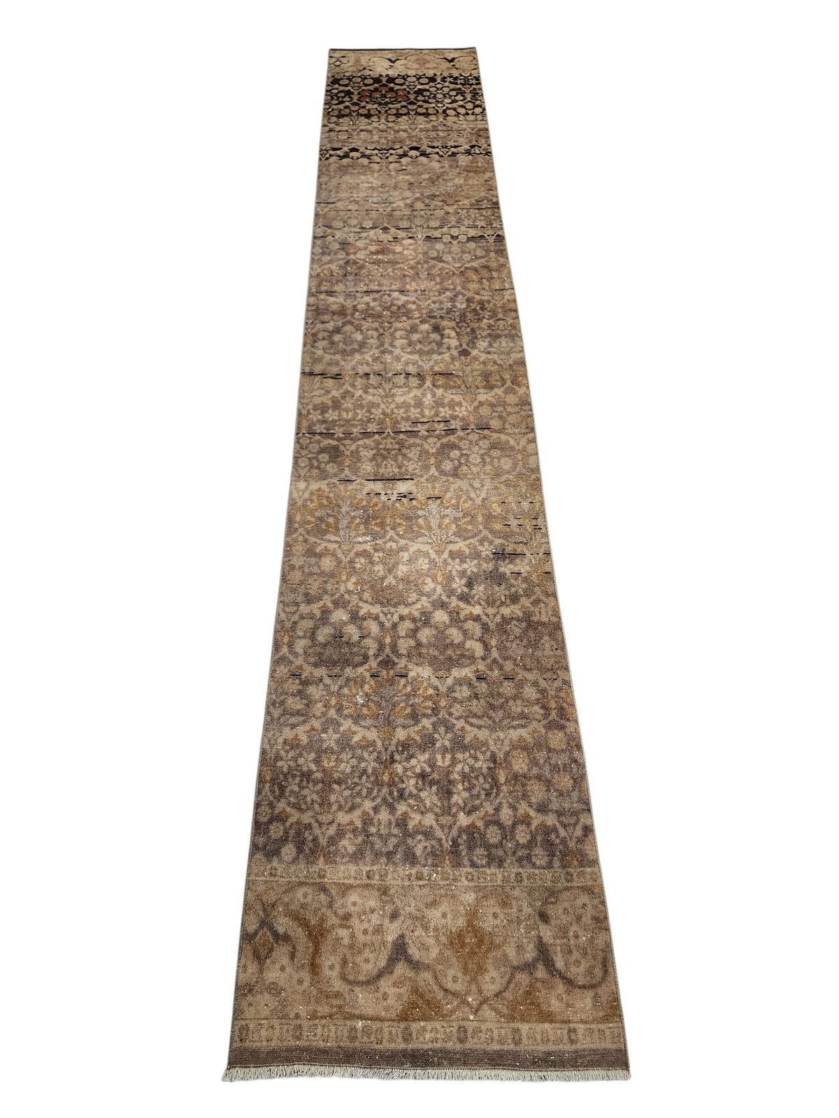 Vintage Turkish Hereke Runner Rug, Handknotted Wool, Muted Beige Brown Floral 1'10''x10'3''