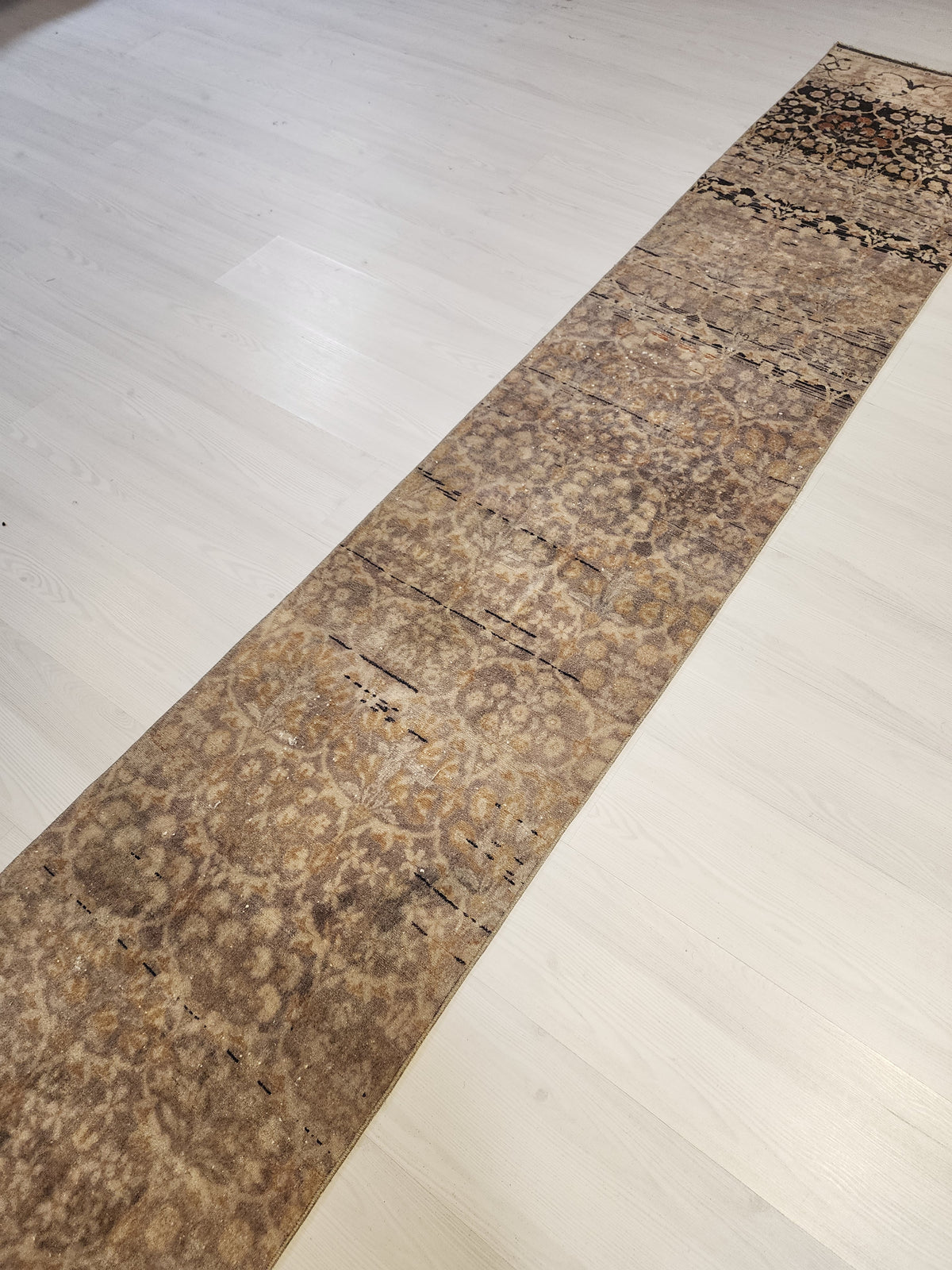 Vintage Turkish Hereke Runner Rug, Handknotted Wool, Muted Beige Brown Floral 1'10''x10'3''