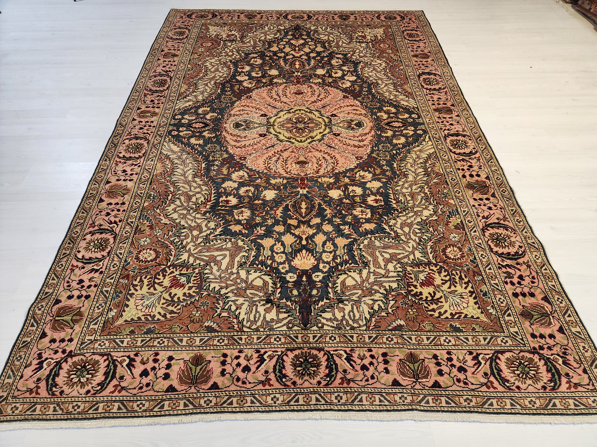 Vintage Kayseri medallion rug in blue, pink and beige, 6'6" x 9'9", full view
