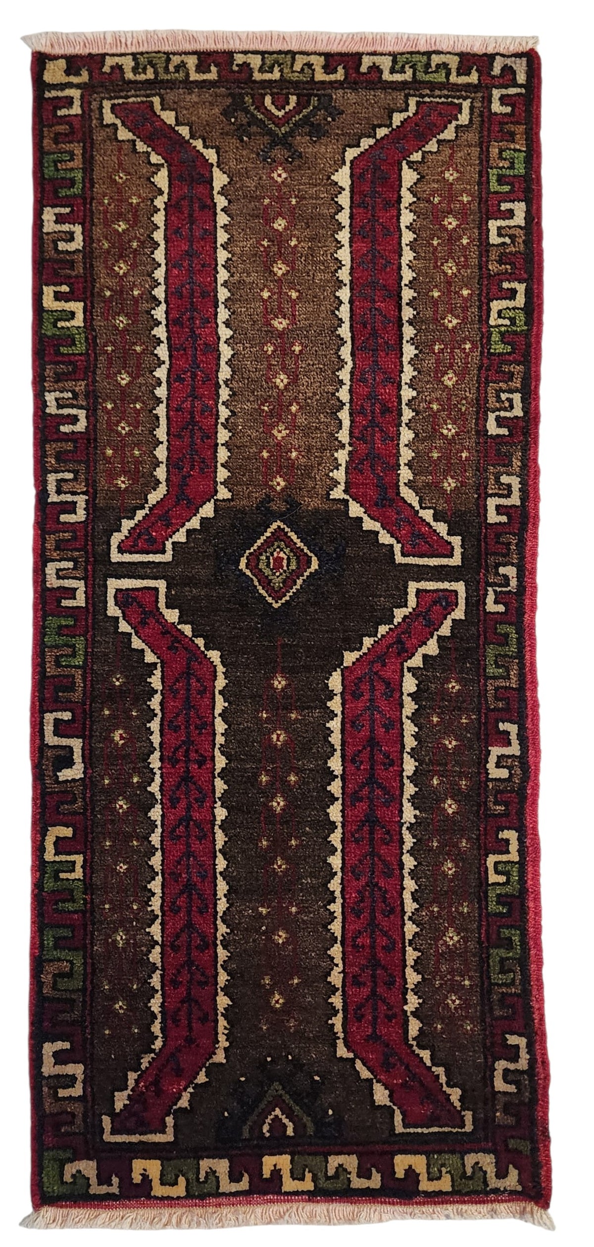 Vintage Konya rug in brown and red, 1'6" x 3'4", full view