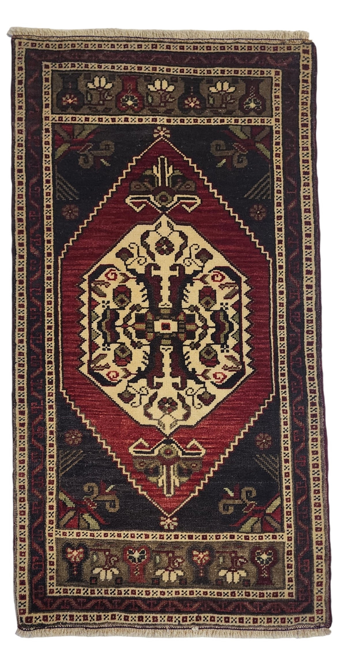 Vintage Konya rug in red, blue and brown, 1'9" x 3'7", full view